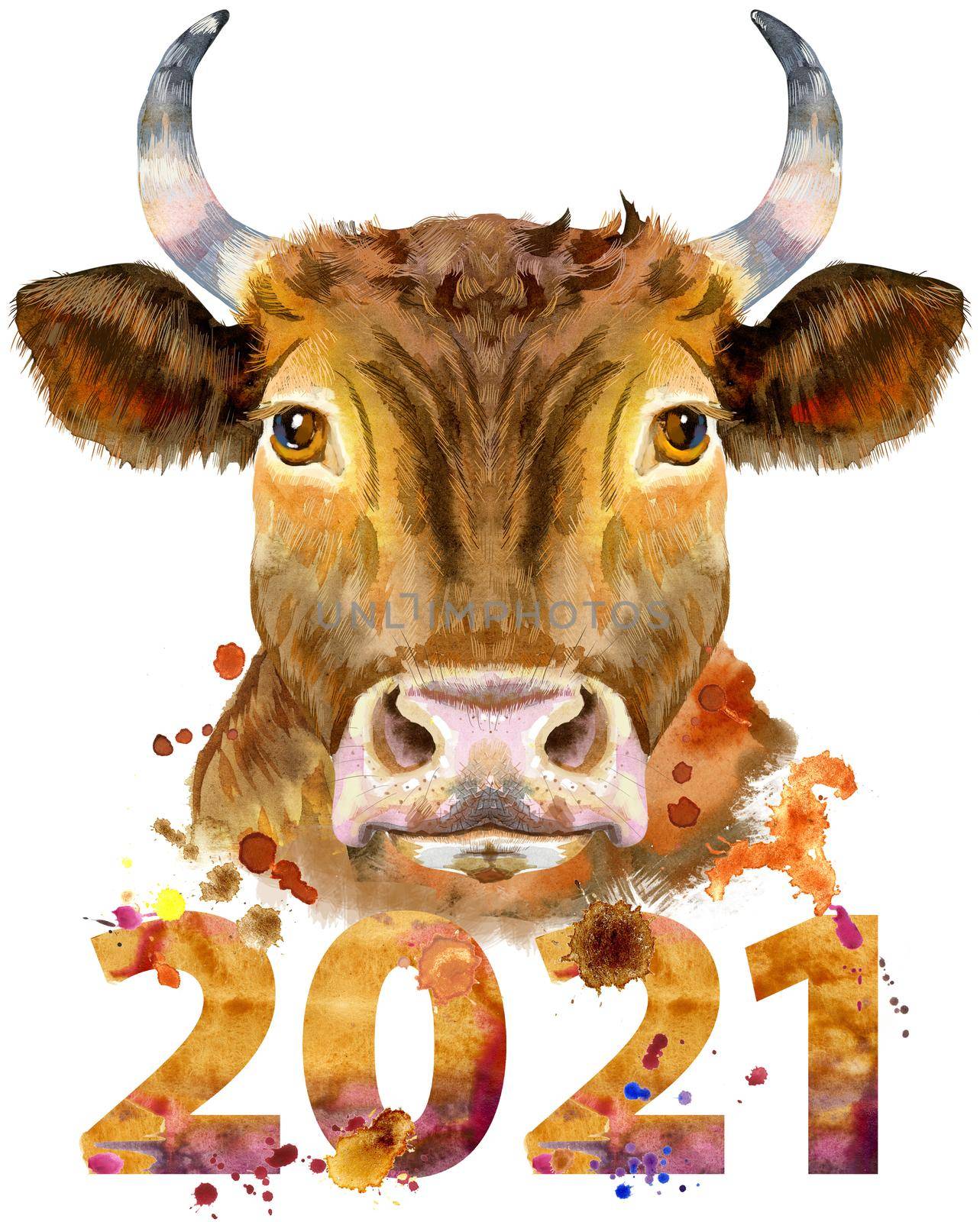 Bull with number 2021 watercolor graphics. Bull animal illustration with splash watercolor textured background.