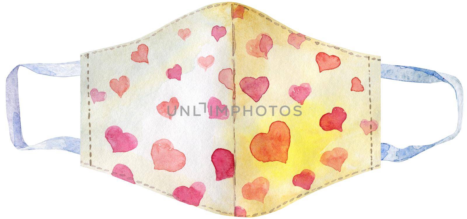 Homemade protective mask with hearts on white background, Prevent Coronavirus, protection factor for virus. by NataOmsk