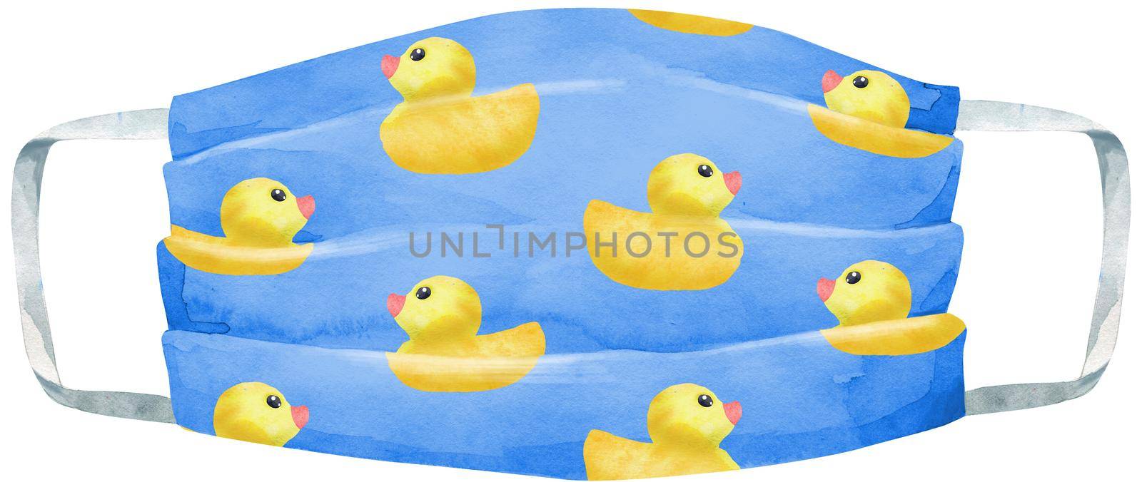 Medical protective blue mask with yellow ducks on white background, Prevent Coronavirus, protection factor for virus. by NataOmsk