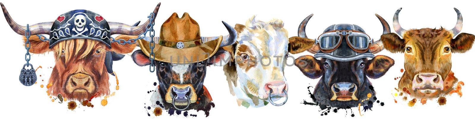 Cute border from watercolor portraits of bulls. For t-shirt graphics. Watercolor bulls illustration