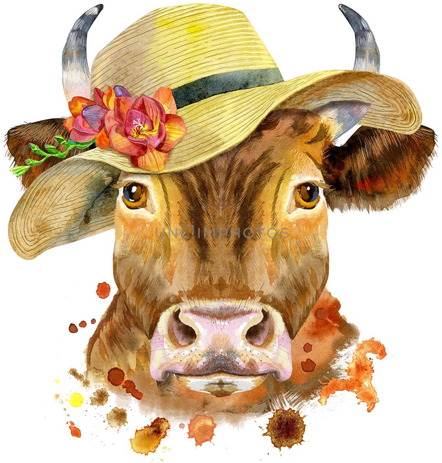 Bull watercolor graphics. Bull in summer hat with freesia animal illustration with splash watercolor textured background.