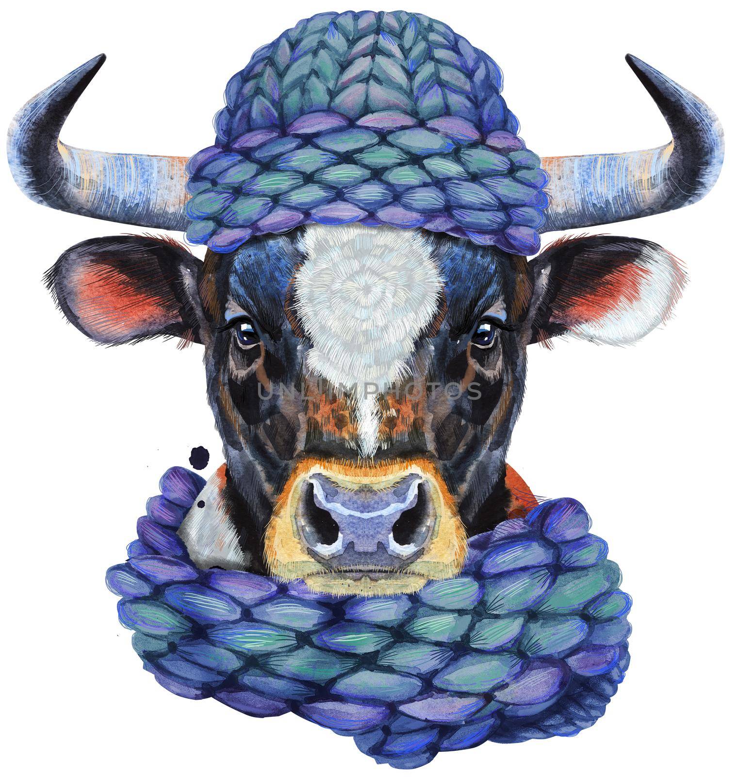 Bull with white spot in knitted blue hat. Watercolor graphics. Bull animal illustration with splashes watercolor textured background.