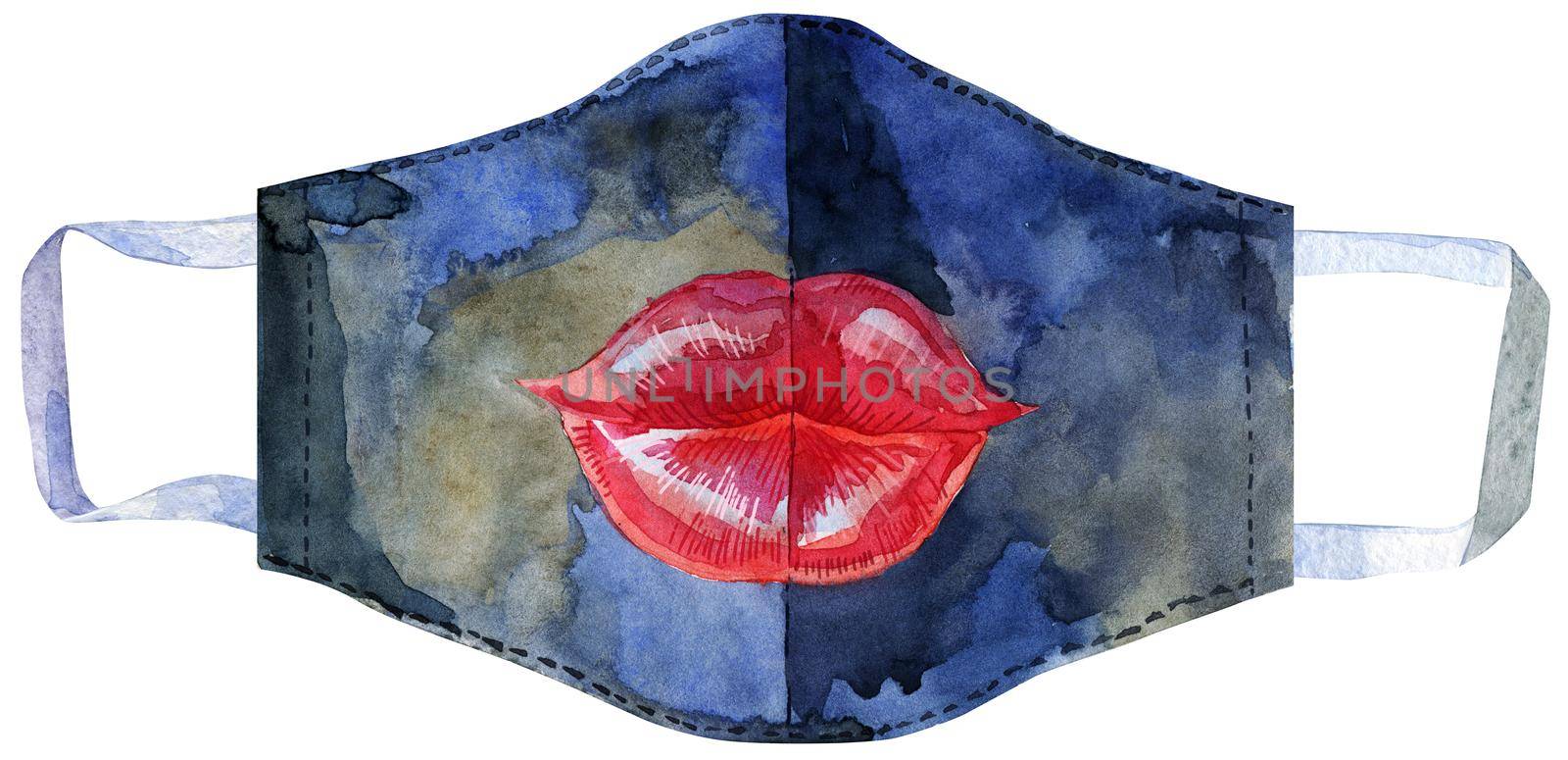 Face black mask with red lips virus protection against virus watercolor clipart. Health care, hand drawn medical mask.