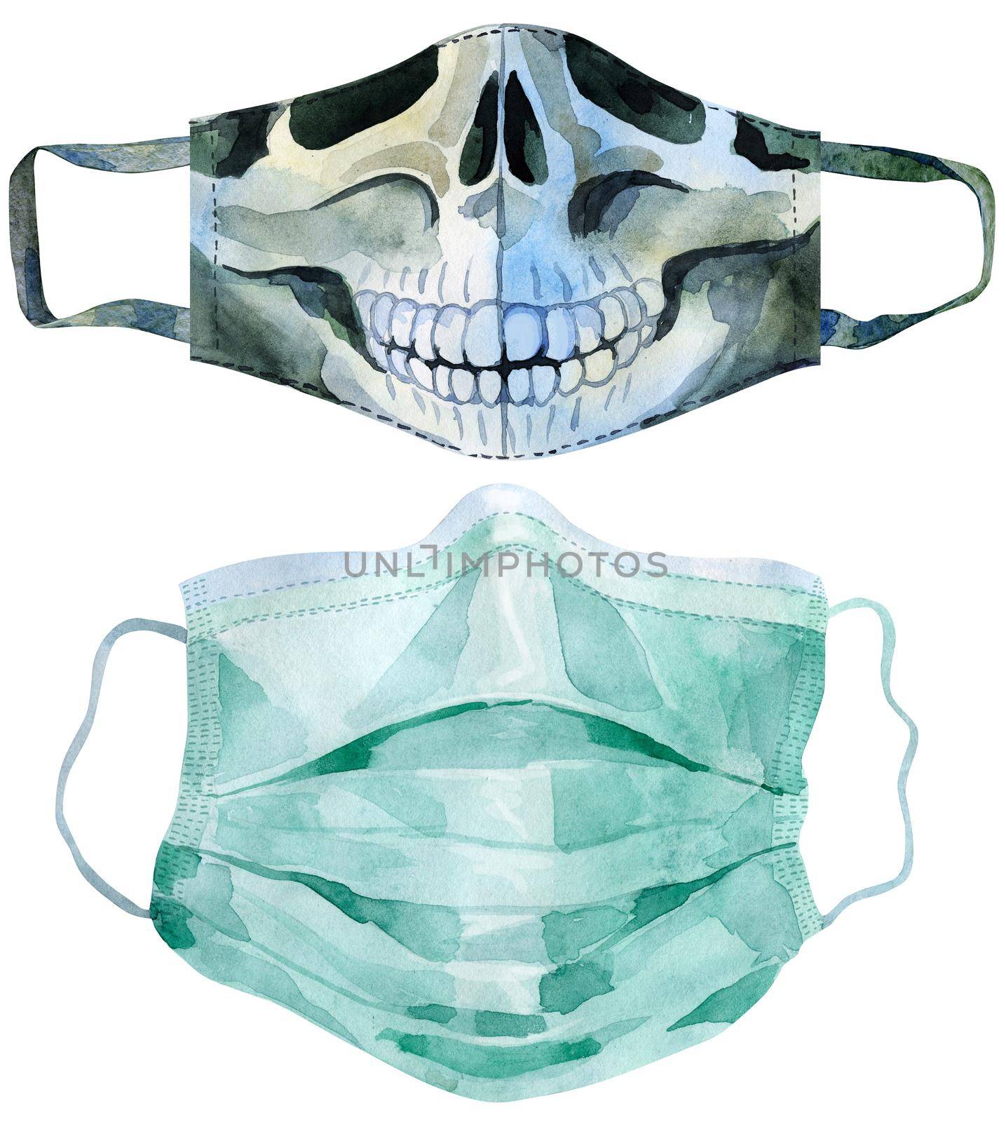 Set of face masks virus protection against virus watercolor clipart. Health care, hand drawn medical mask.