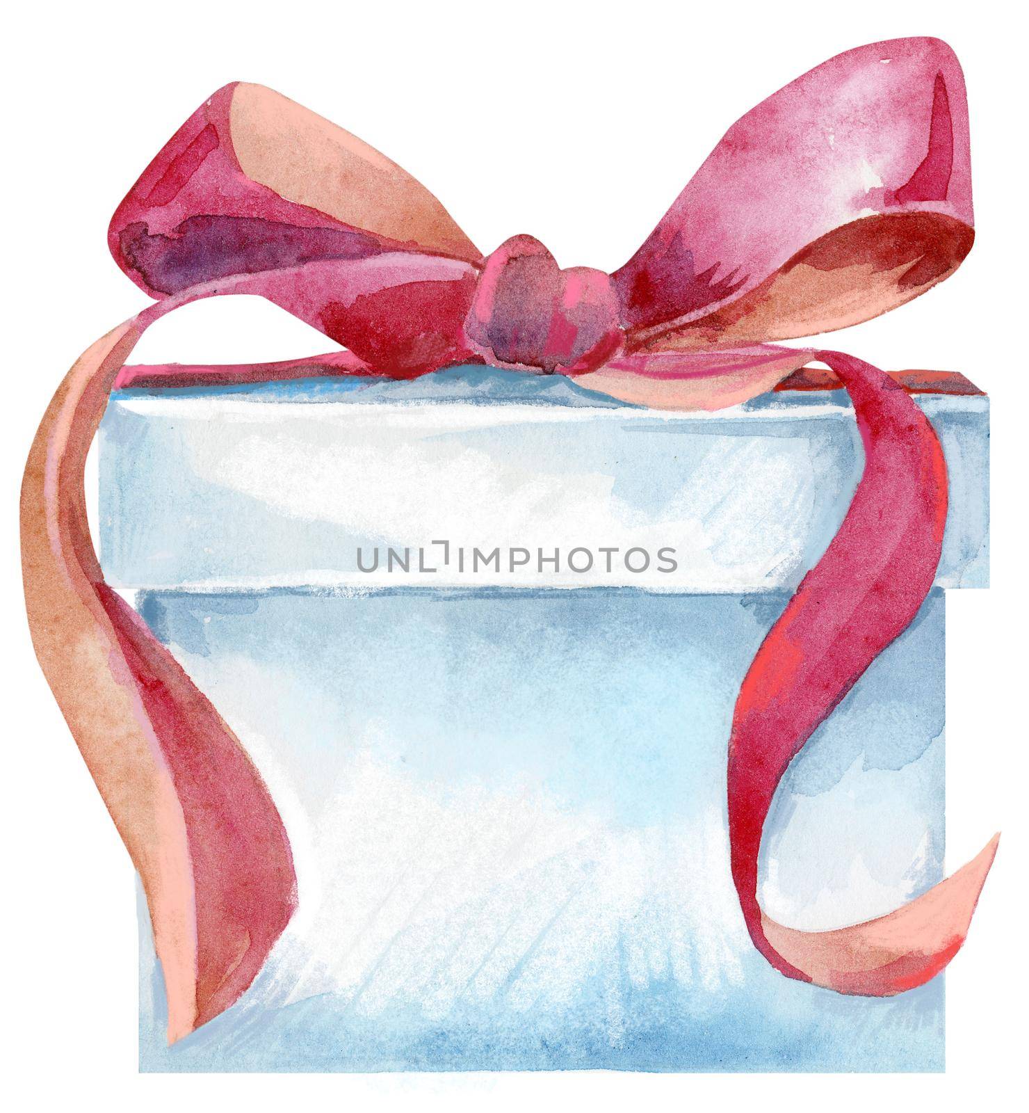 White gift box with red ribbon bow isolated, watercolor painting on white background