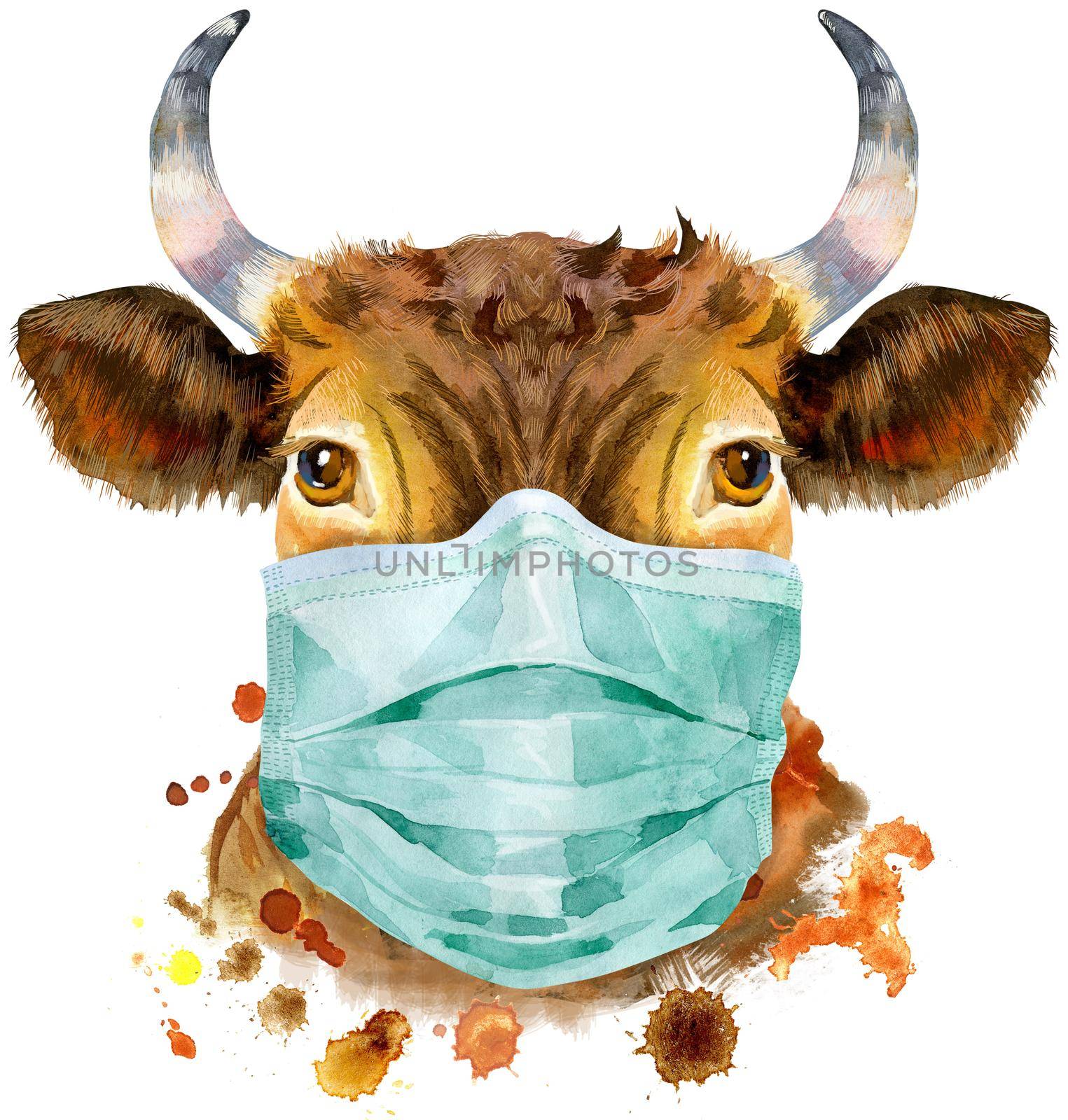 Bull in medical protective mask. Watercolor graphics. Bull animal illustration with splash watercolor textured background.