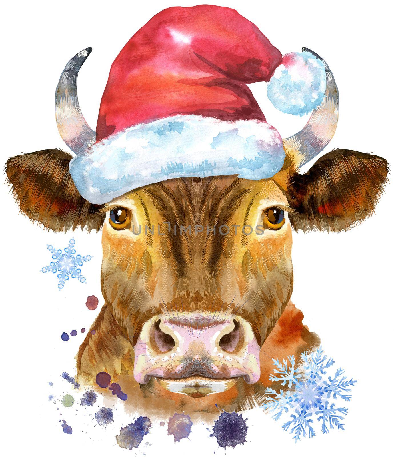 Bull watercolor graphics. Bull animal illustration in Santa hat with splashes watercolor textured background.