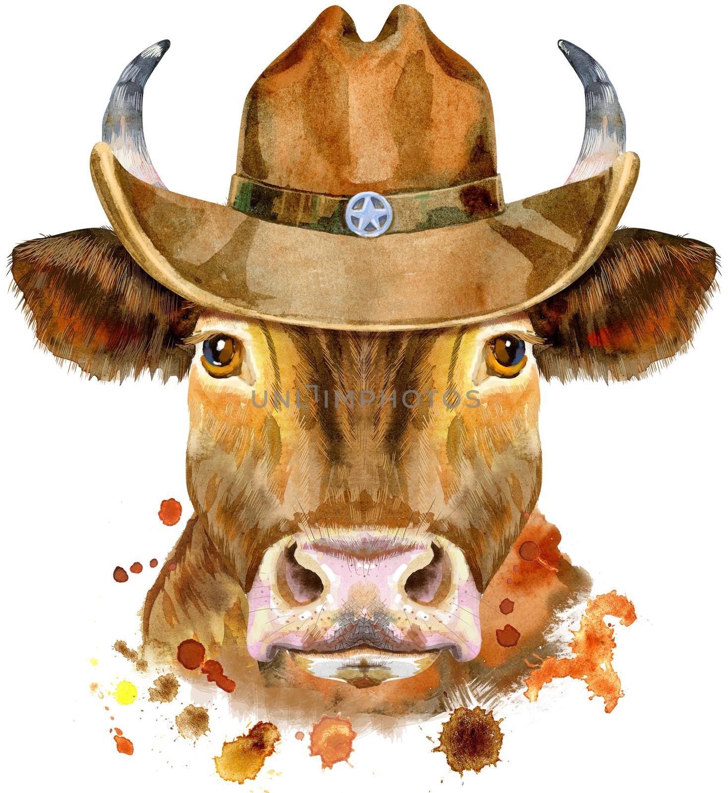 Watercolor illustration of a red bull in a cowboy hat by NataOmsk