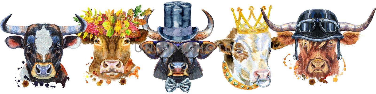 Cute border from watercolor portraits of bulls. For t-shirt graphics. Watercolor bulls illustration