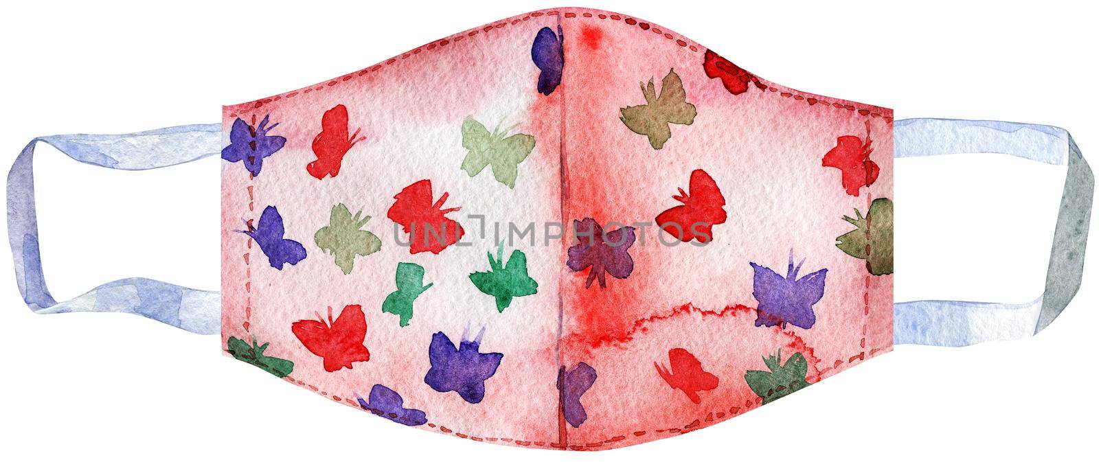 Face mask virus protection against virus watercolor clipart. Health care, hand drawn medical mask with butterflies. Homemade