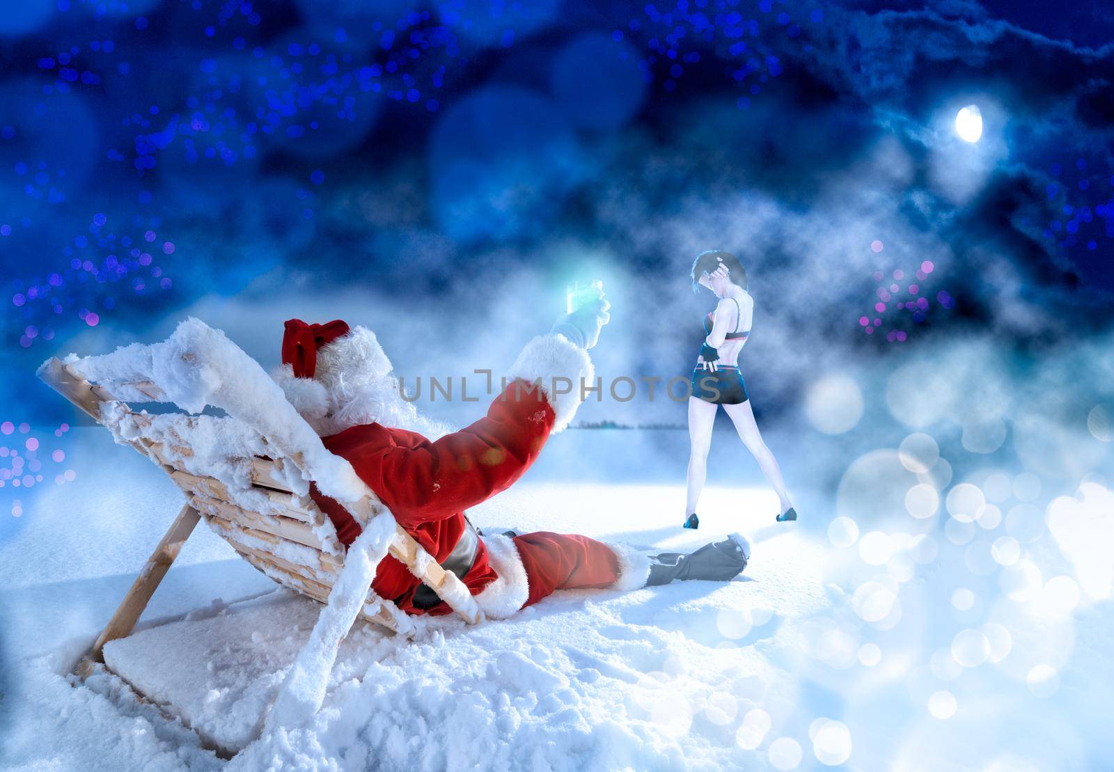 Santa Claus relaxing in the snow field using sunbed