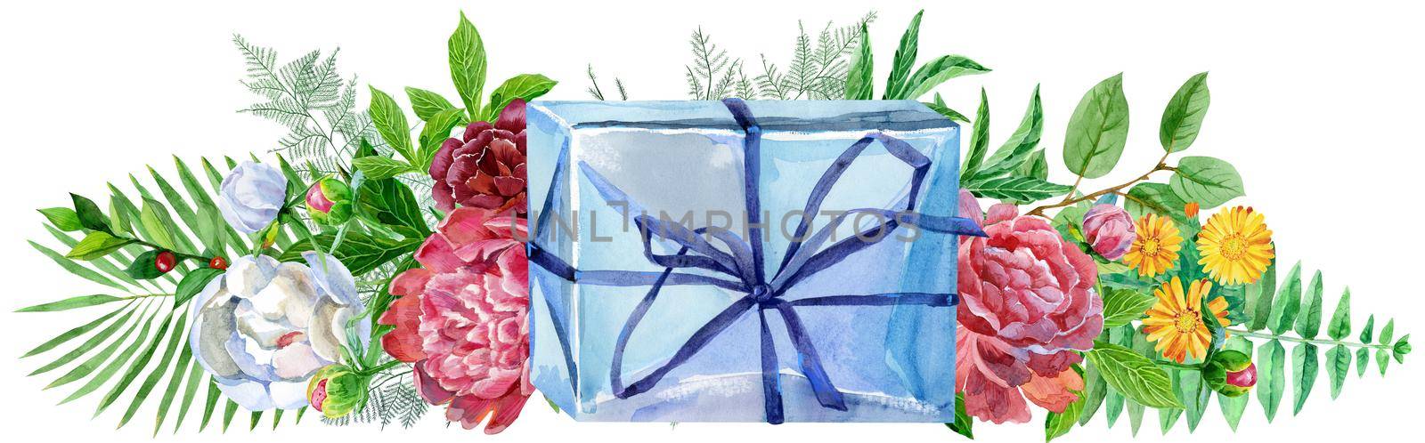 Watercolor llustration with blue gift box and peonies. For design, print or background by NataOmsk