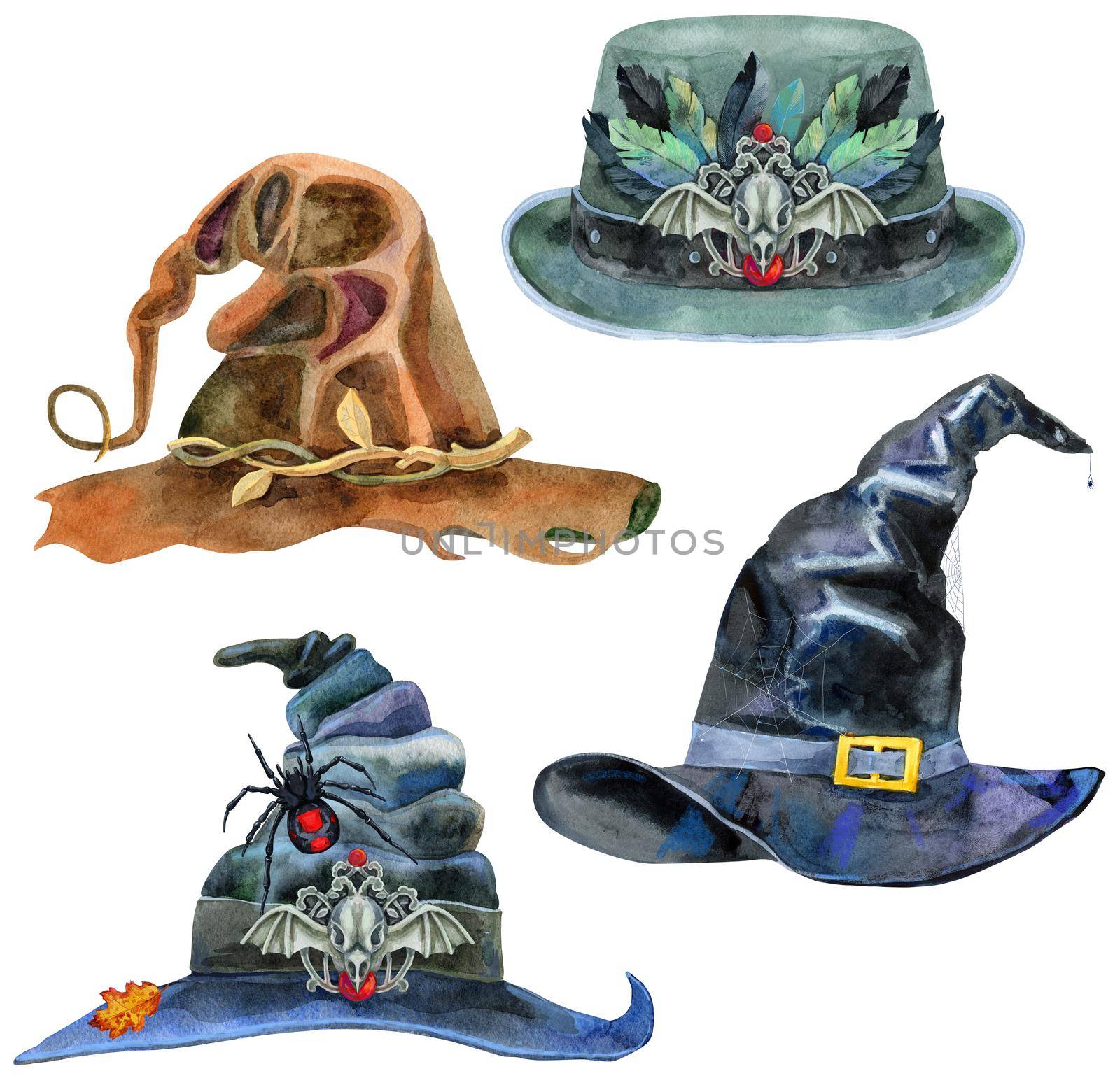 Set of Halloween hats isolated, watercolor painting on white background by NataOmsk