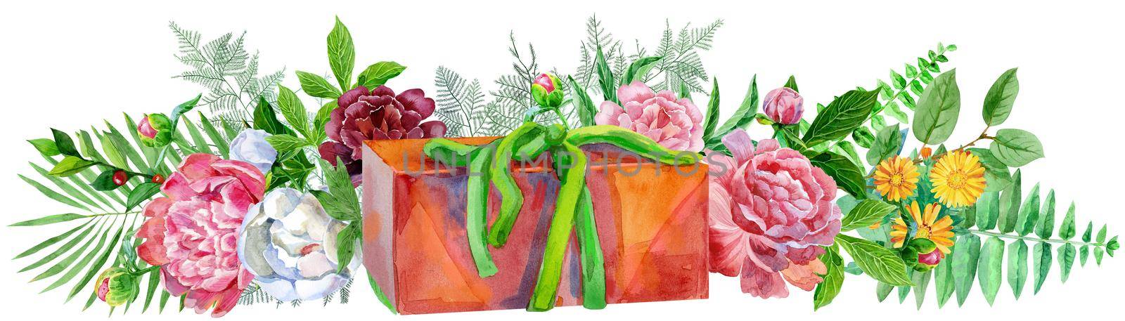 Border with watercolor red box of gift and peonies. Card for your creativity