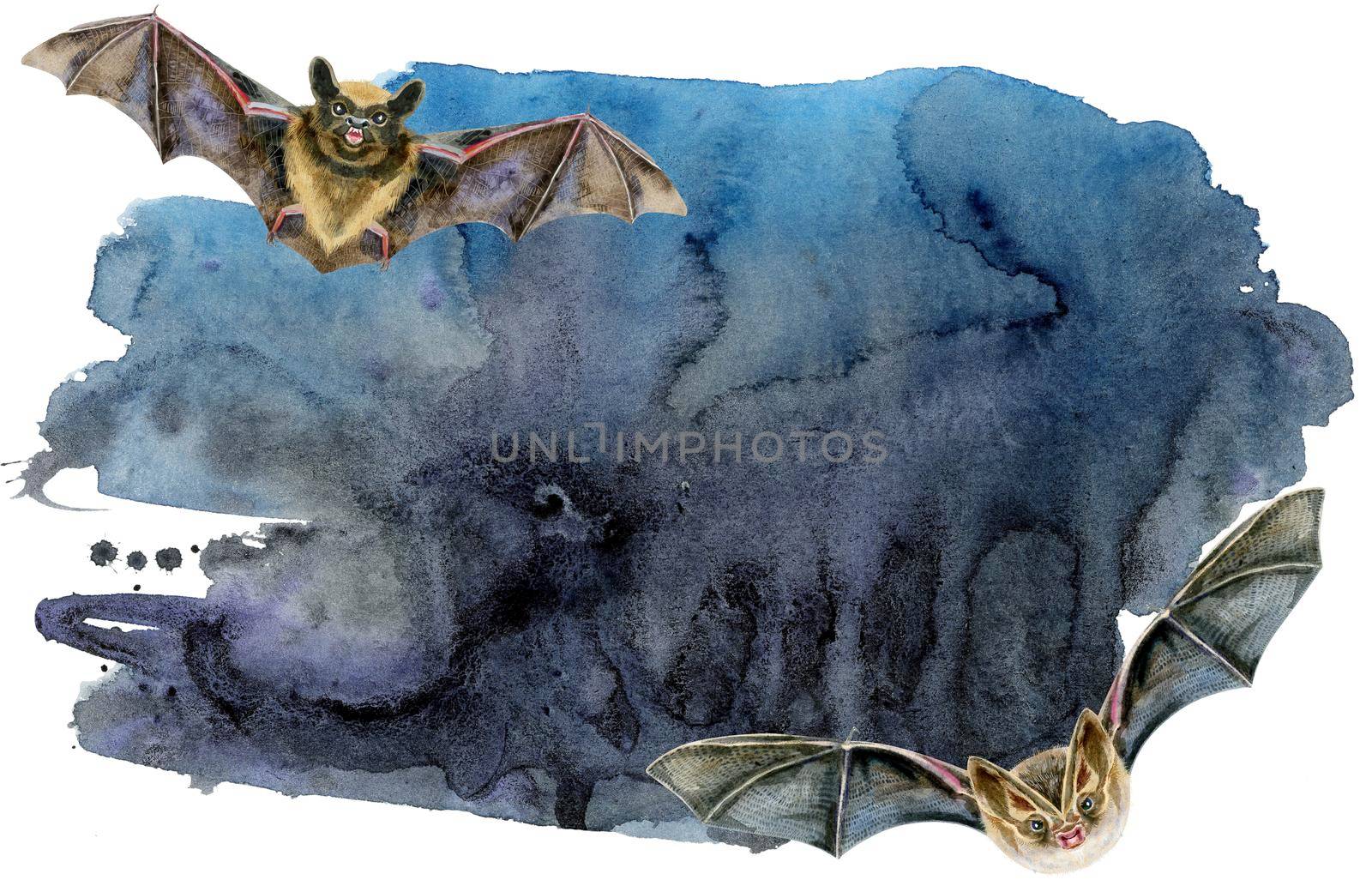 Abstract watercolor brush strokes painted background with bats in flight. Texture paper.