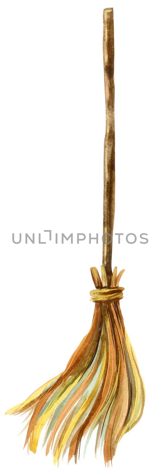 Cute watercolor Witches broom stick illustration isolated on white background. Old broom. Halloween accessory object. Perfect for Happy Halloween holiday