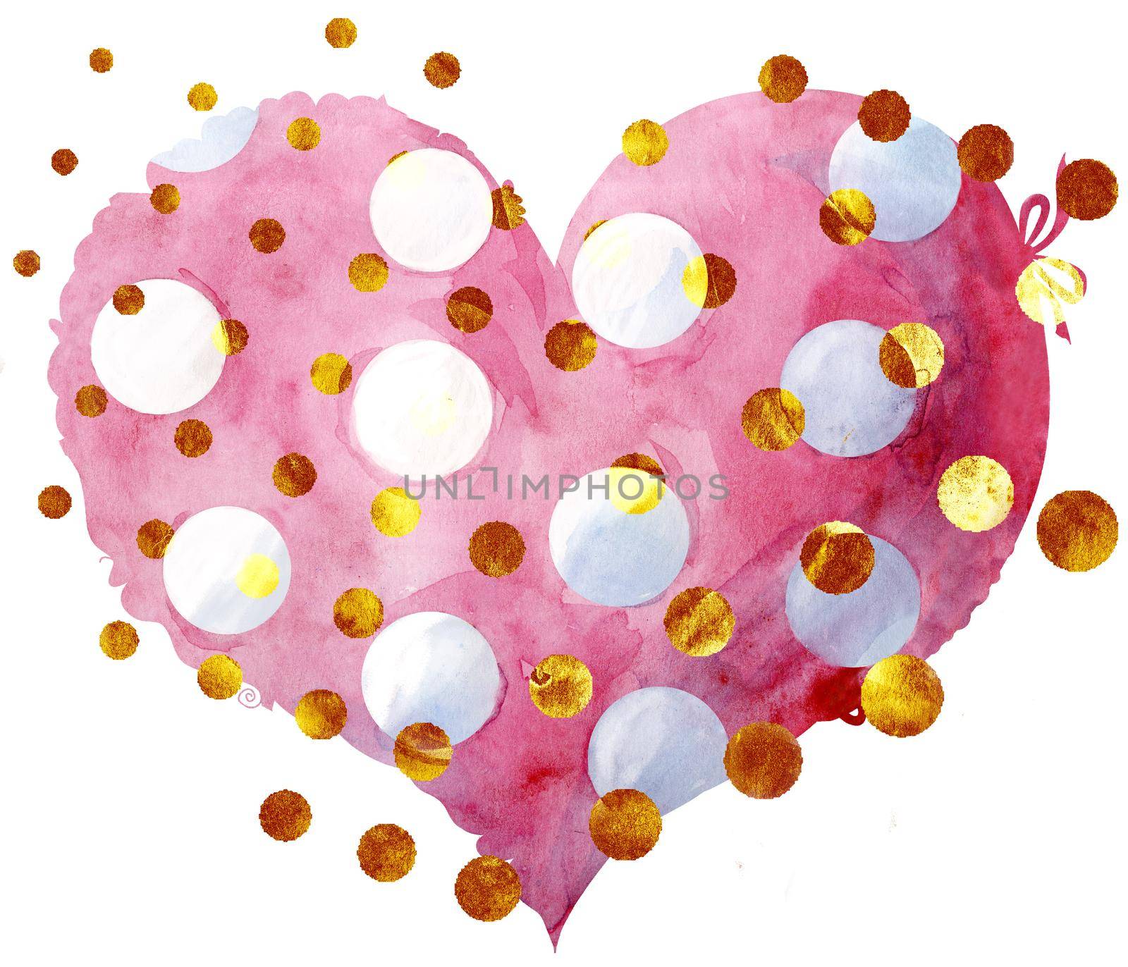 Watercolor pink heart with polka dots and a lace edge with gold dots on a white background.