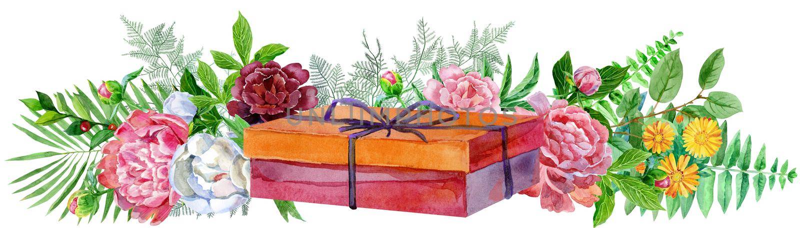 Watercolor llustration with red gift box and peonies. For design, print or background by NataOmsk