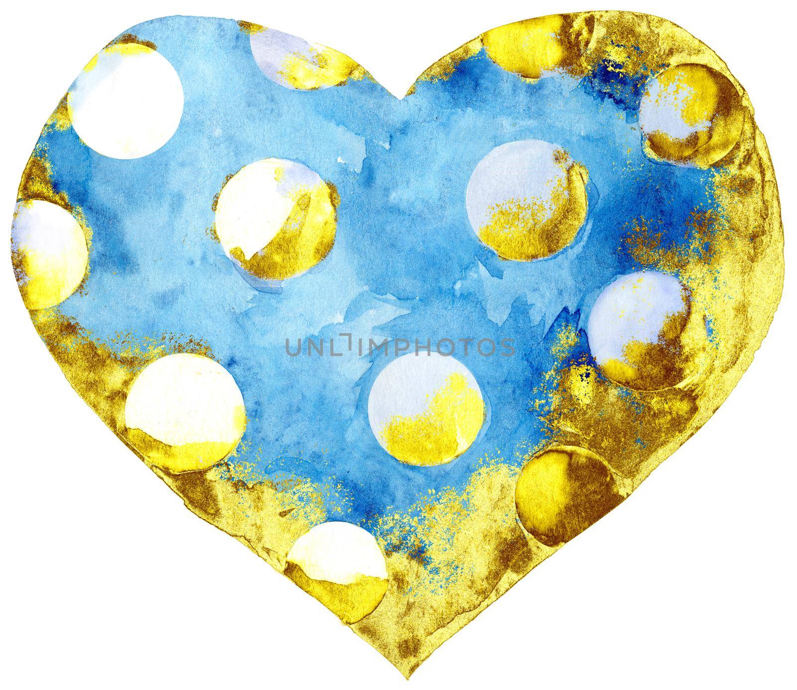 Watercolor blue heart with polka dots with gold strokes on a white background.