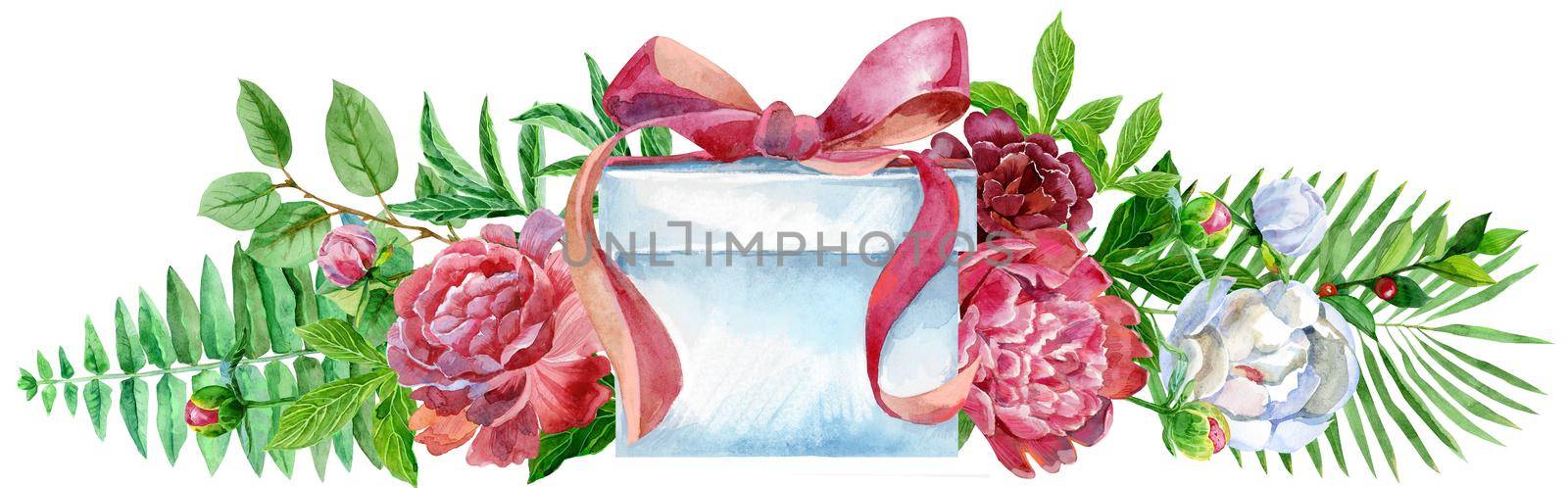 Watercolor llustration with gift box and peonies. For design, print or background by NataOmsk