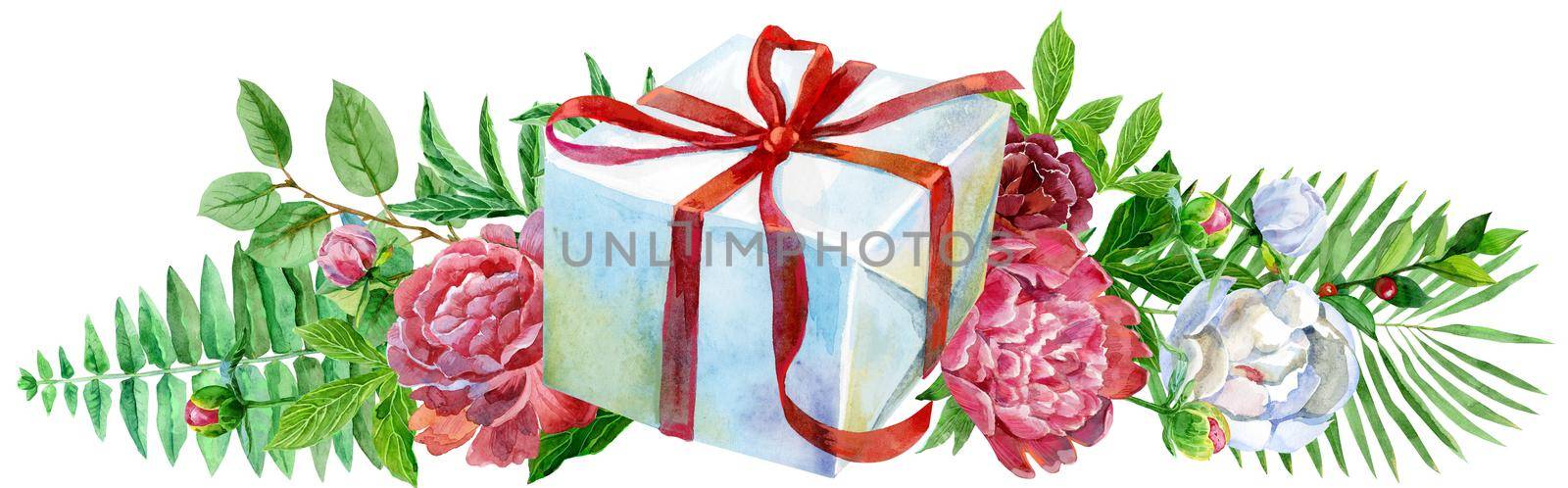 Watercolor llustration with gift box and peonies. For design, print or background by NataOmsk