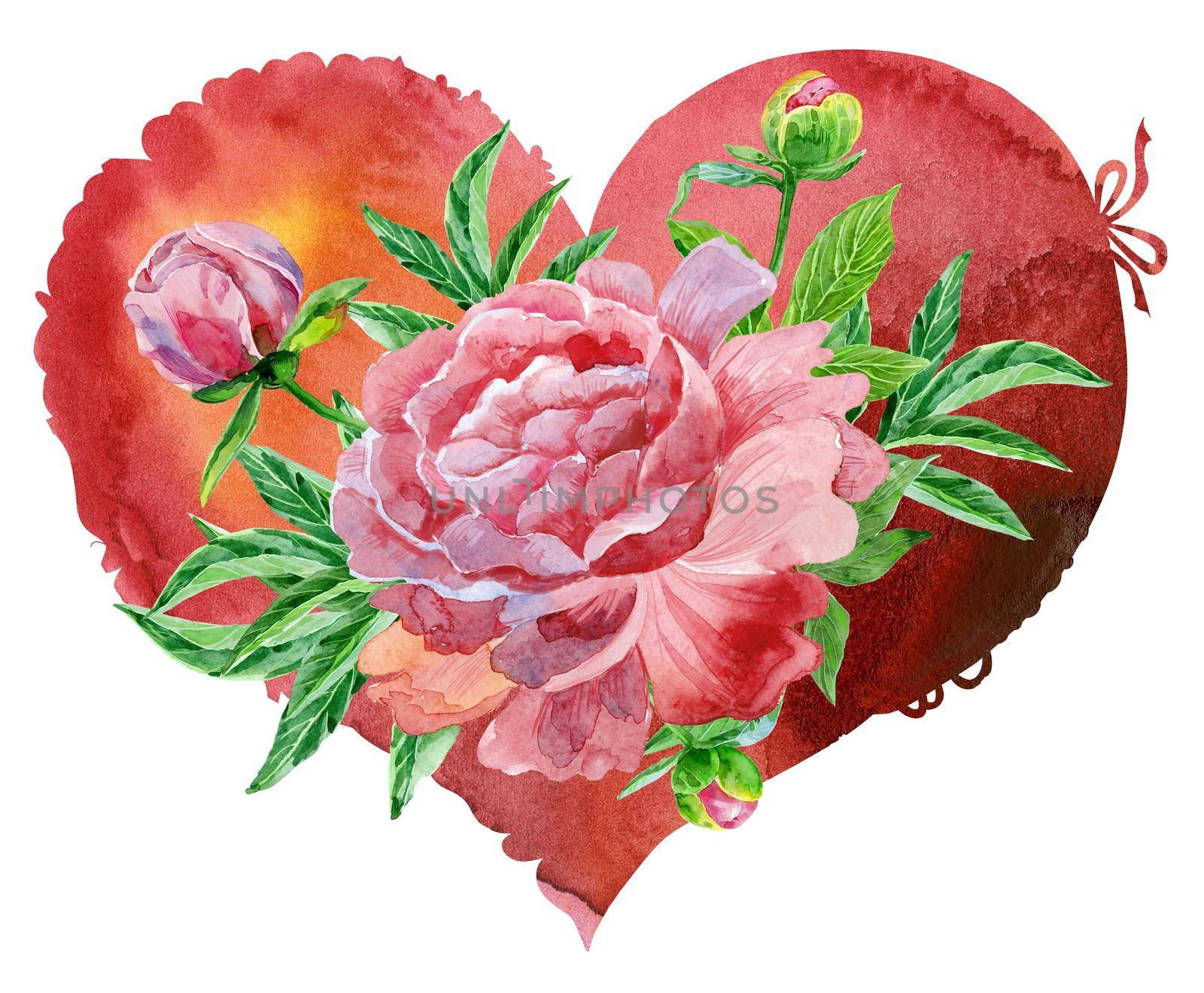 watercolor red heart with pink peonies by NataOmsk