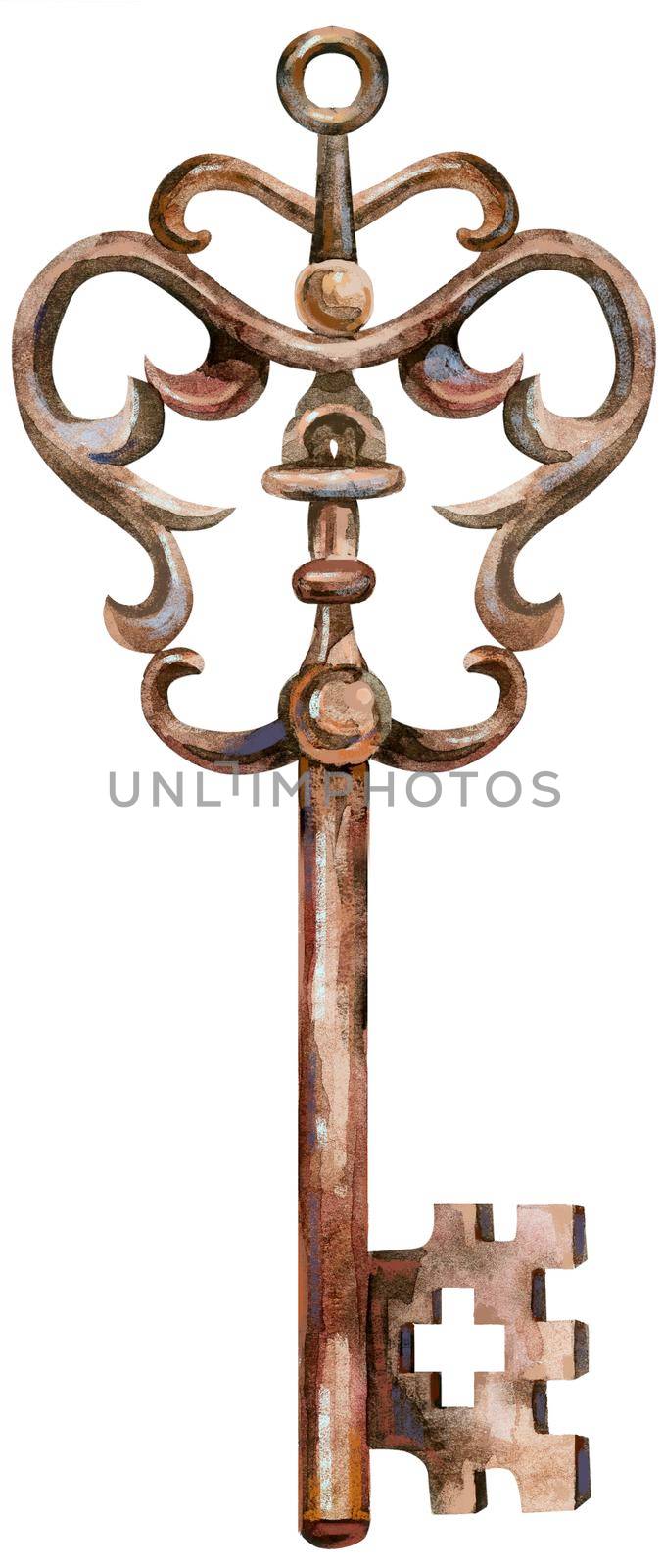 Watercolor vintage bronze key isolated on white background by NataOmsk