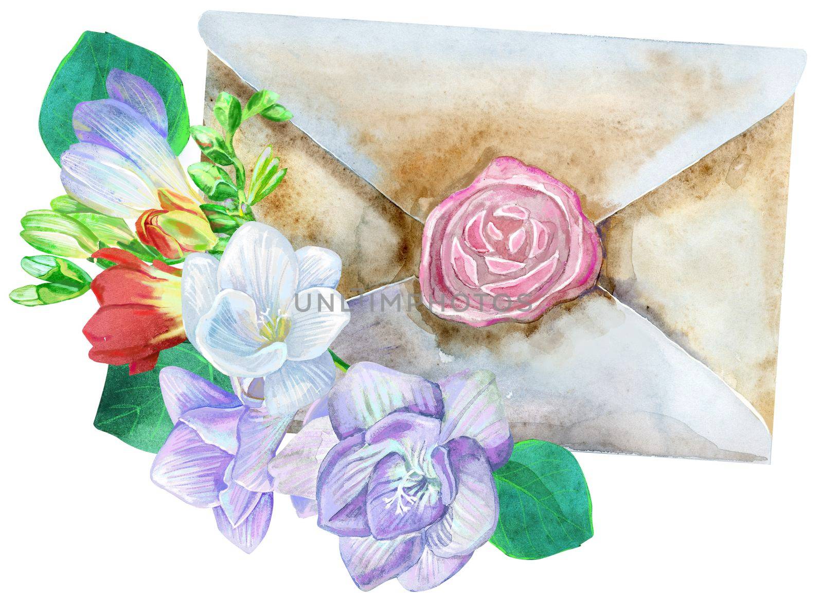 Watercolor hand-drawn illustration of an envelop of kraft paper with freesia on a white background isolated