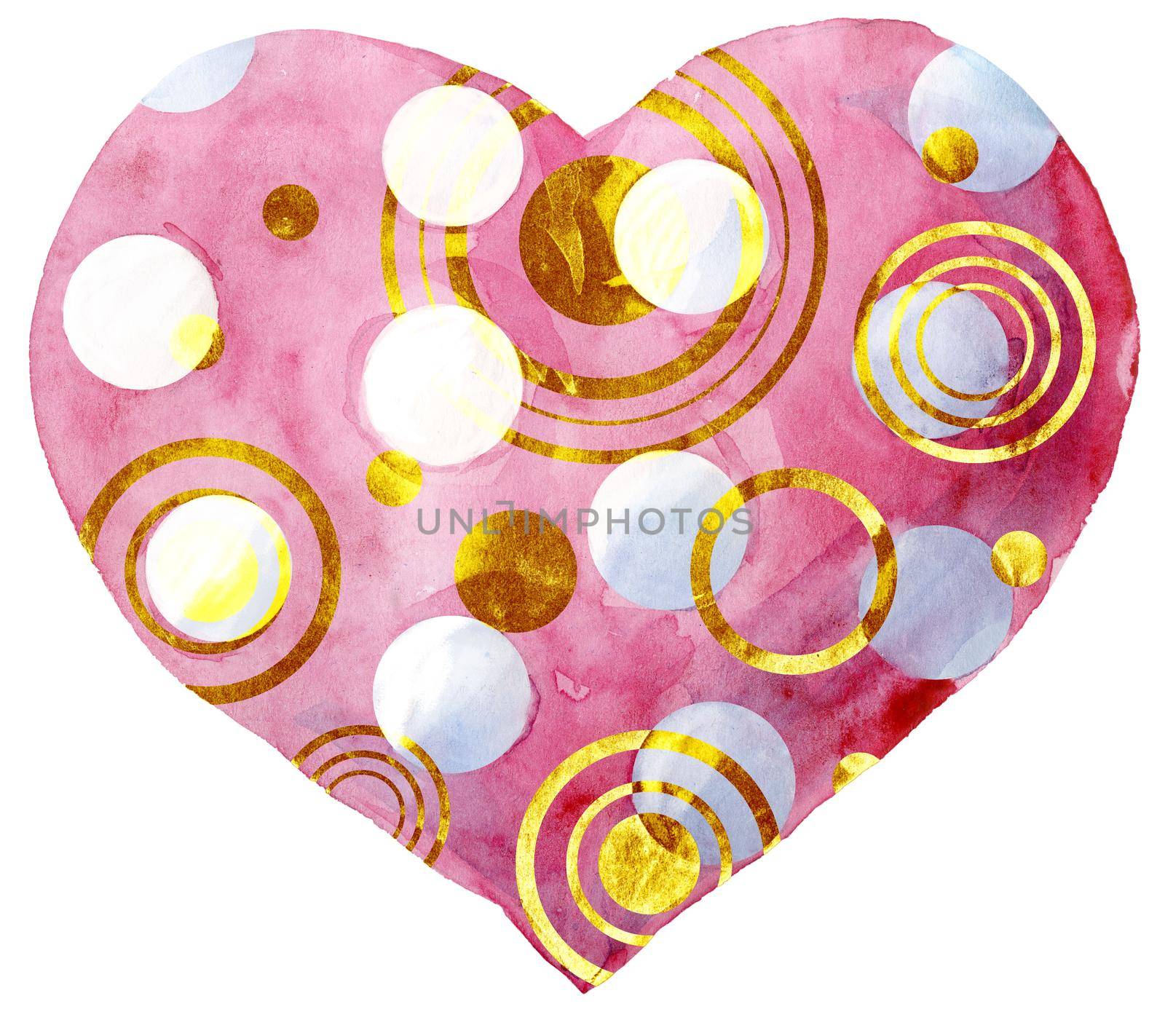 watercolor pink heart with gold strokes on white background by NataOmsk