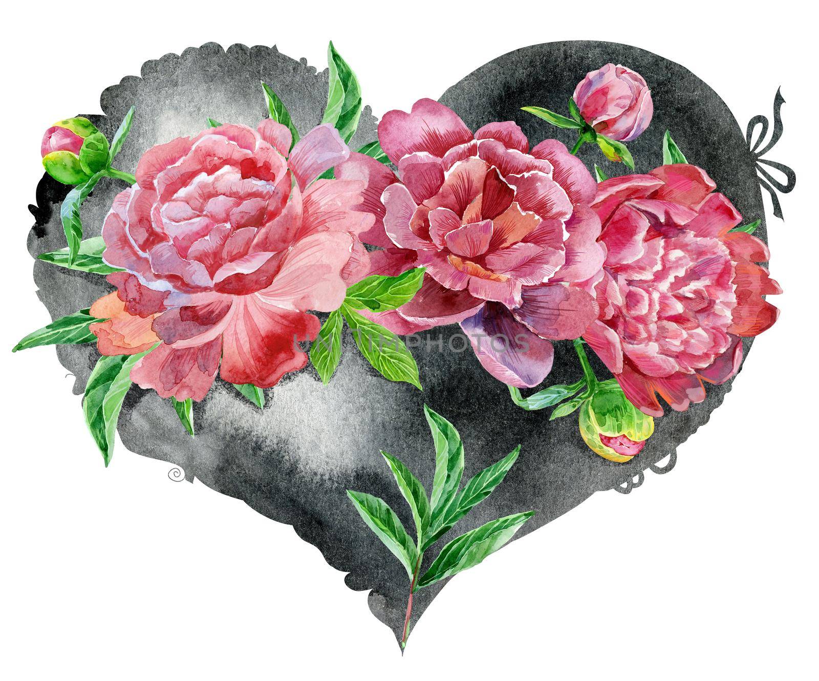 watercolor black heart with red peonies by NataOmsk