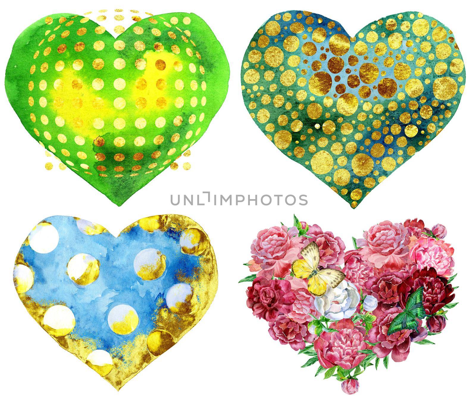 Set of watercolor hearts with light and shade, painted by hand