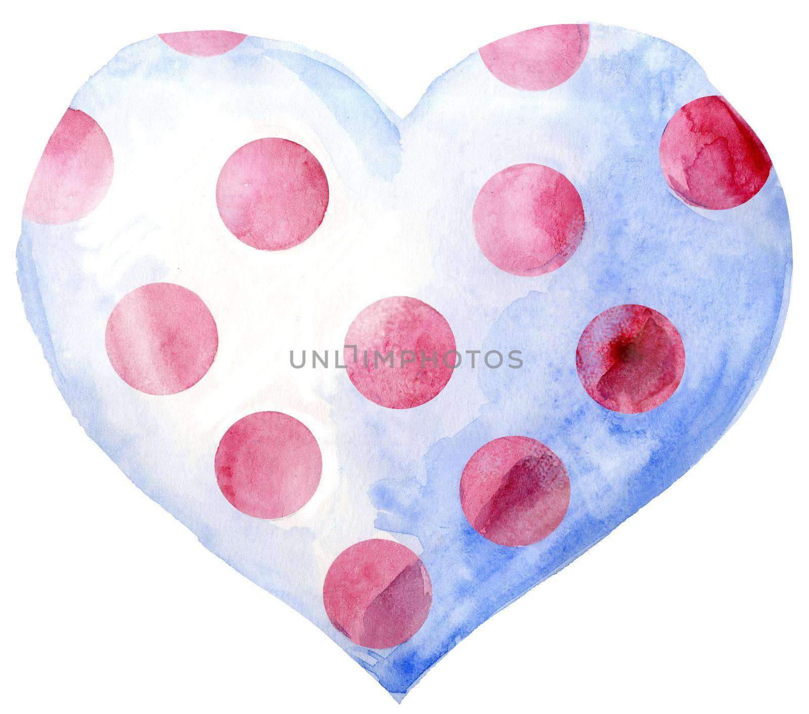 Watercolor white heart with pink polka dots on a white background.