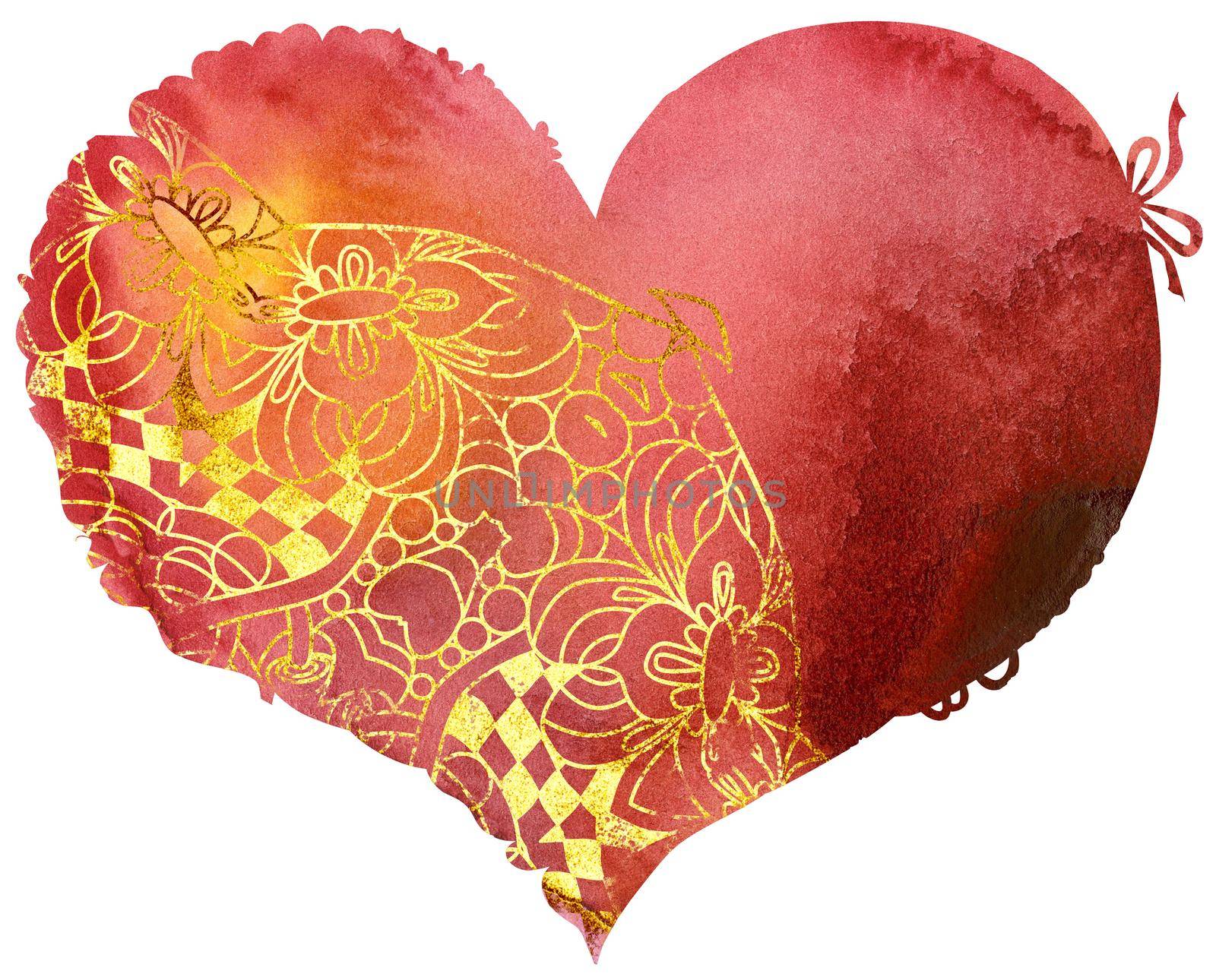 watercolor red heart with a lace edge with gold pattern by NataOmsk