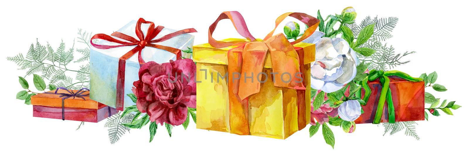 Border with watercolor boxes of gift and peonies. Card for your creativity