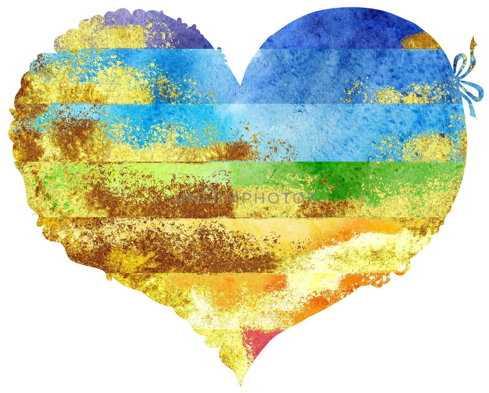 Watercolor textured rainbow heart with gold strokes by NataOmsk