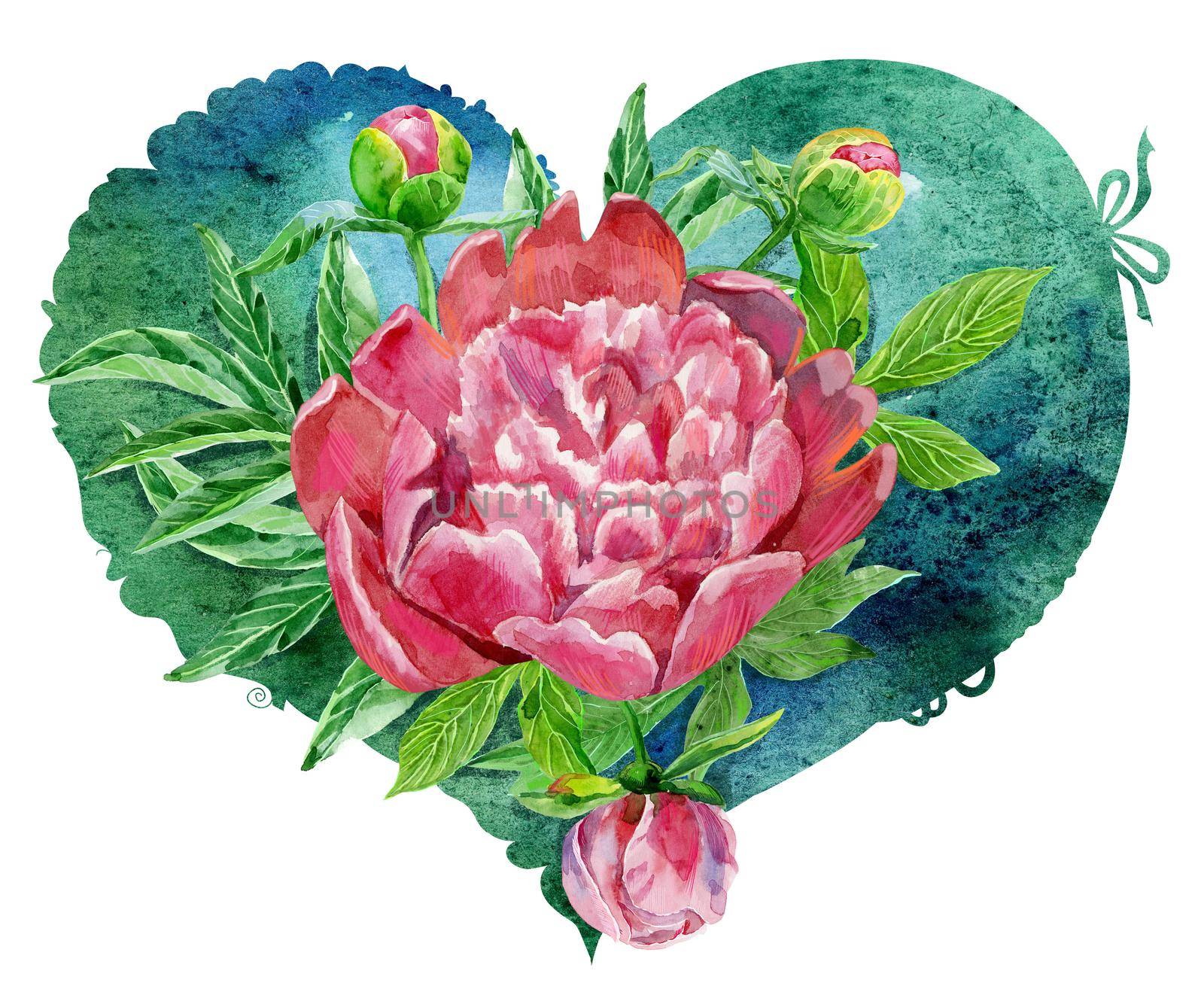 watercolor green heart with pink peonies by NataOmsk