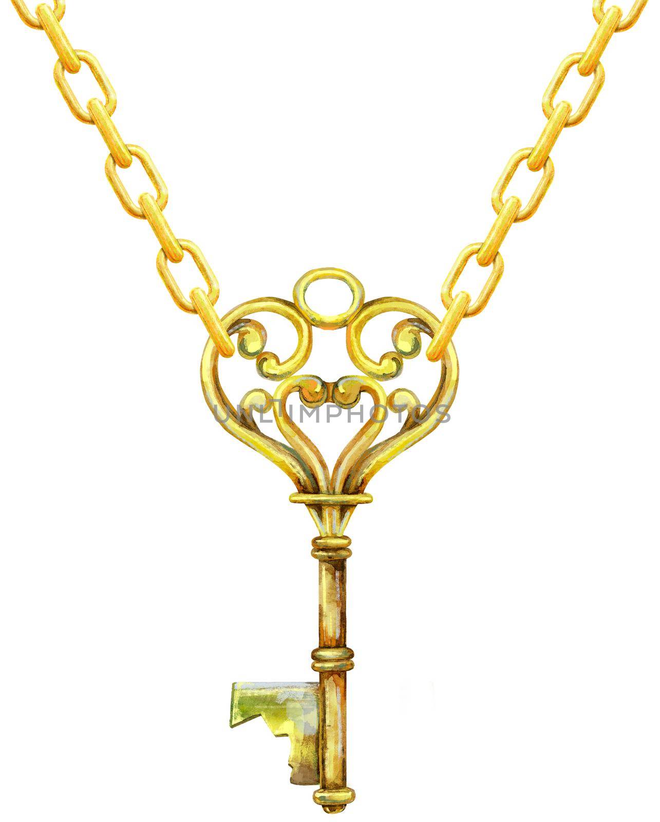 Golden Key on a chain. Watercolor illustration on a white background