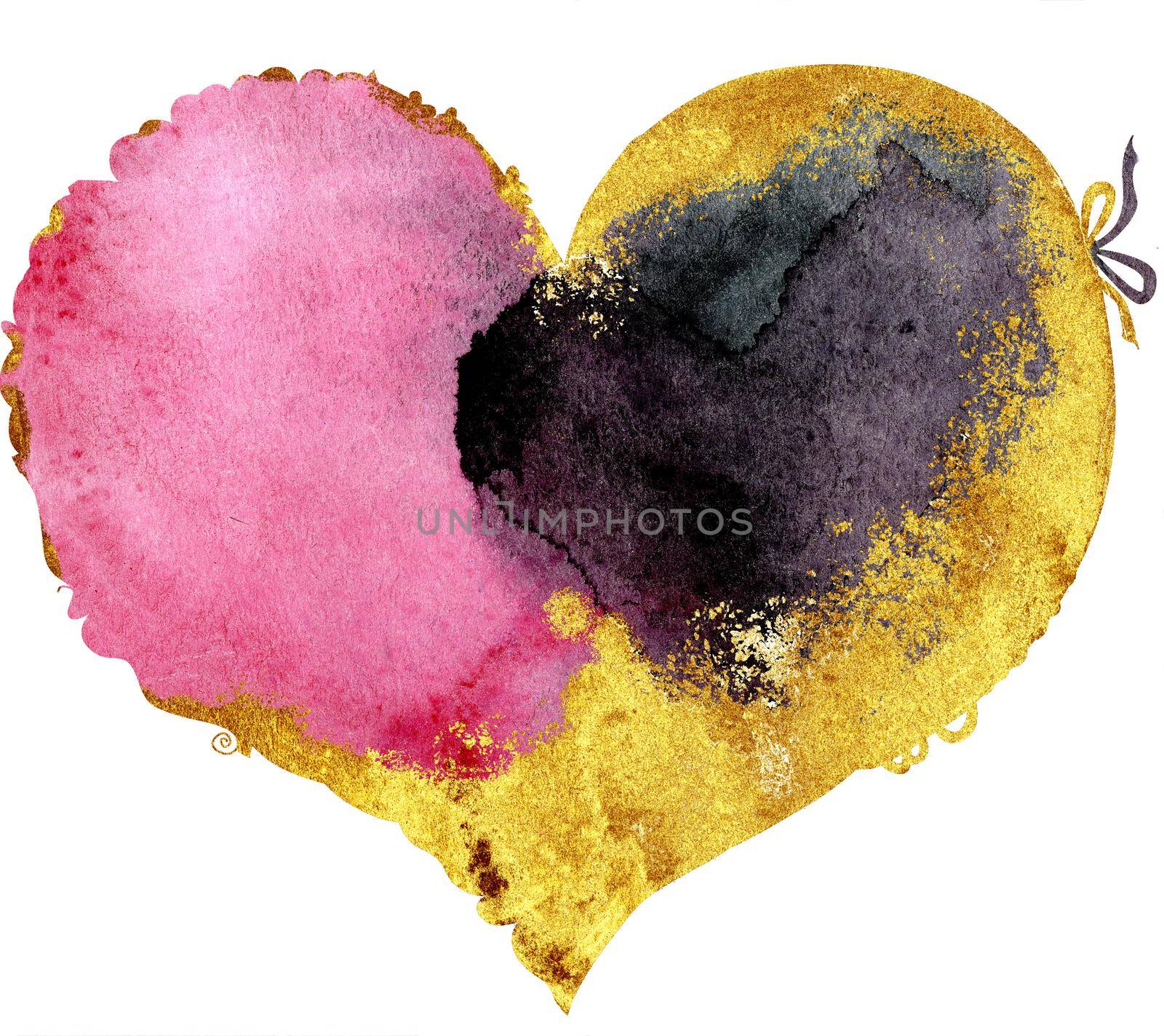 Watercolor pink and black heart with a lace edge with gold strokes by NataOmsk