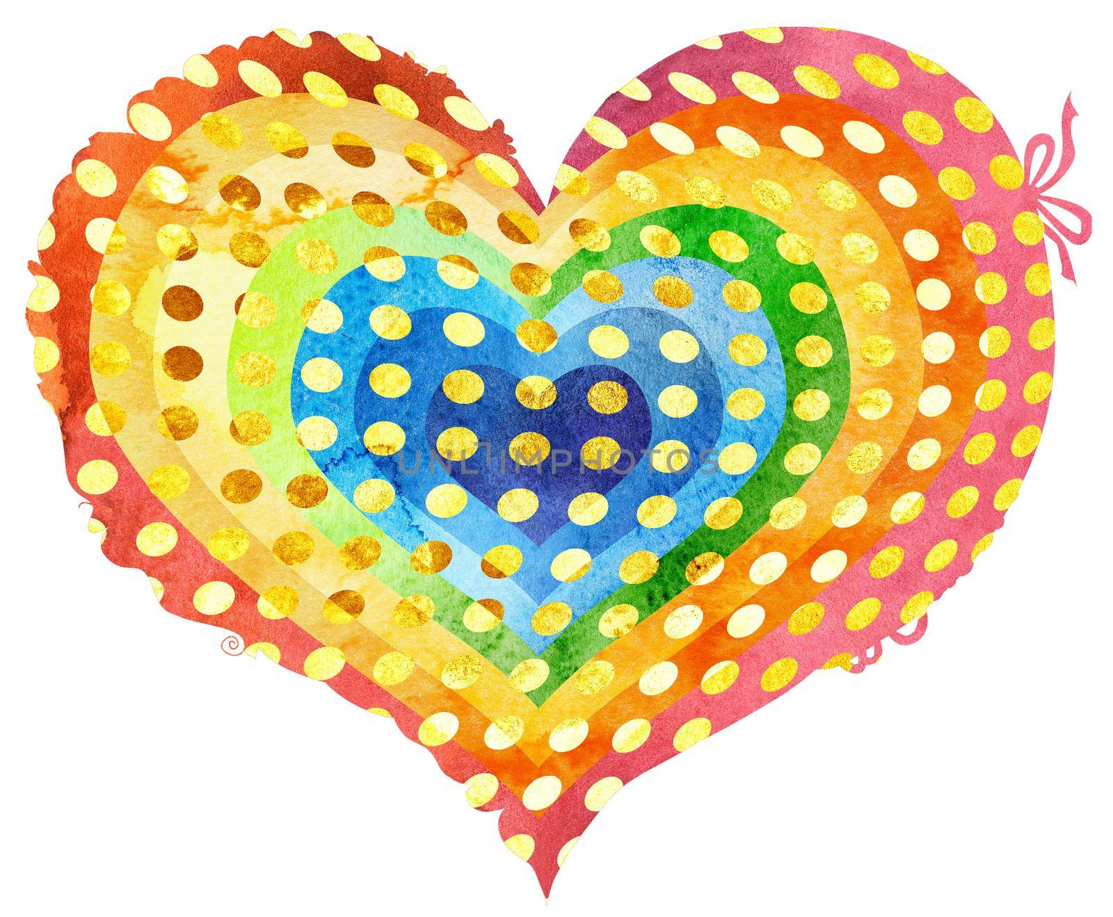 Watercolor textured rainbow heart with gold pattern by NataOmsk