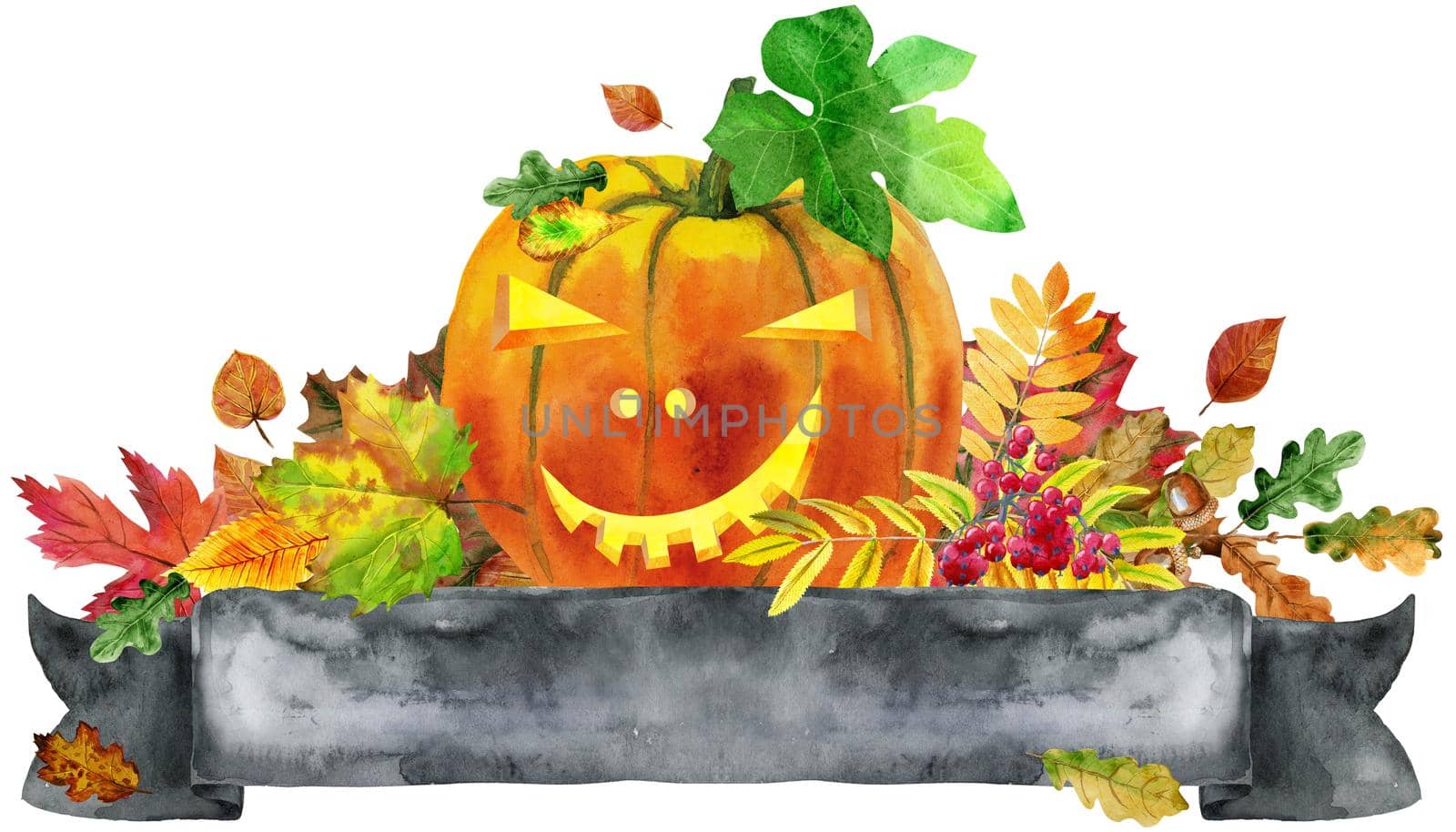 Black banner with red, orange, brown and yellow falling autumn leaves and pumpkin.