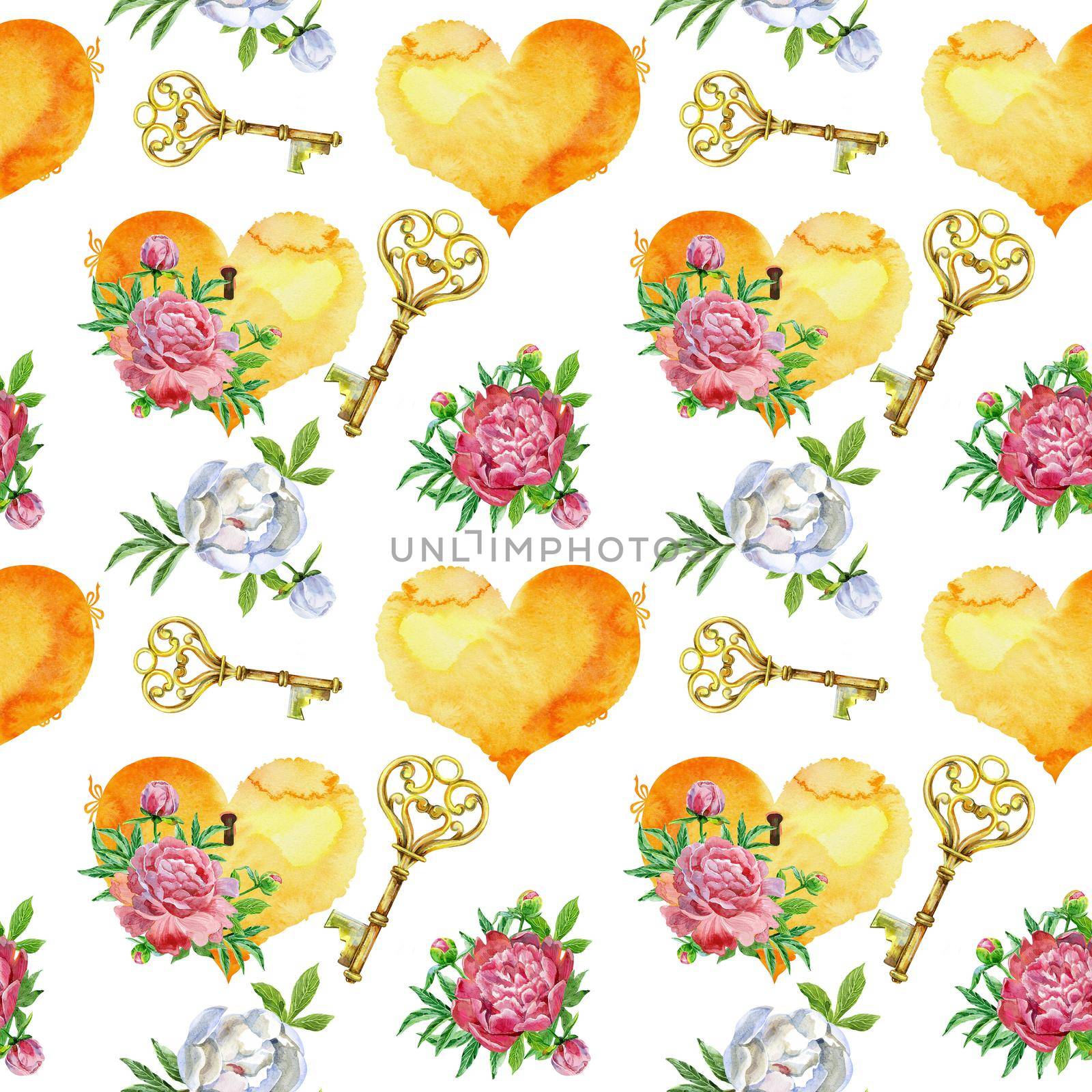 Seamless watercolor pattern with vintage hearts, keys and peonies isolated on white background by NataOmsk