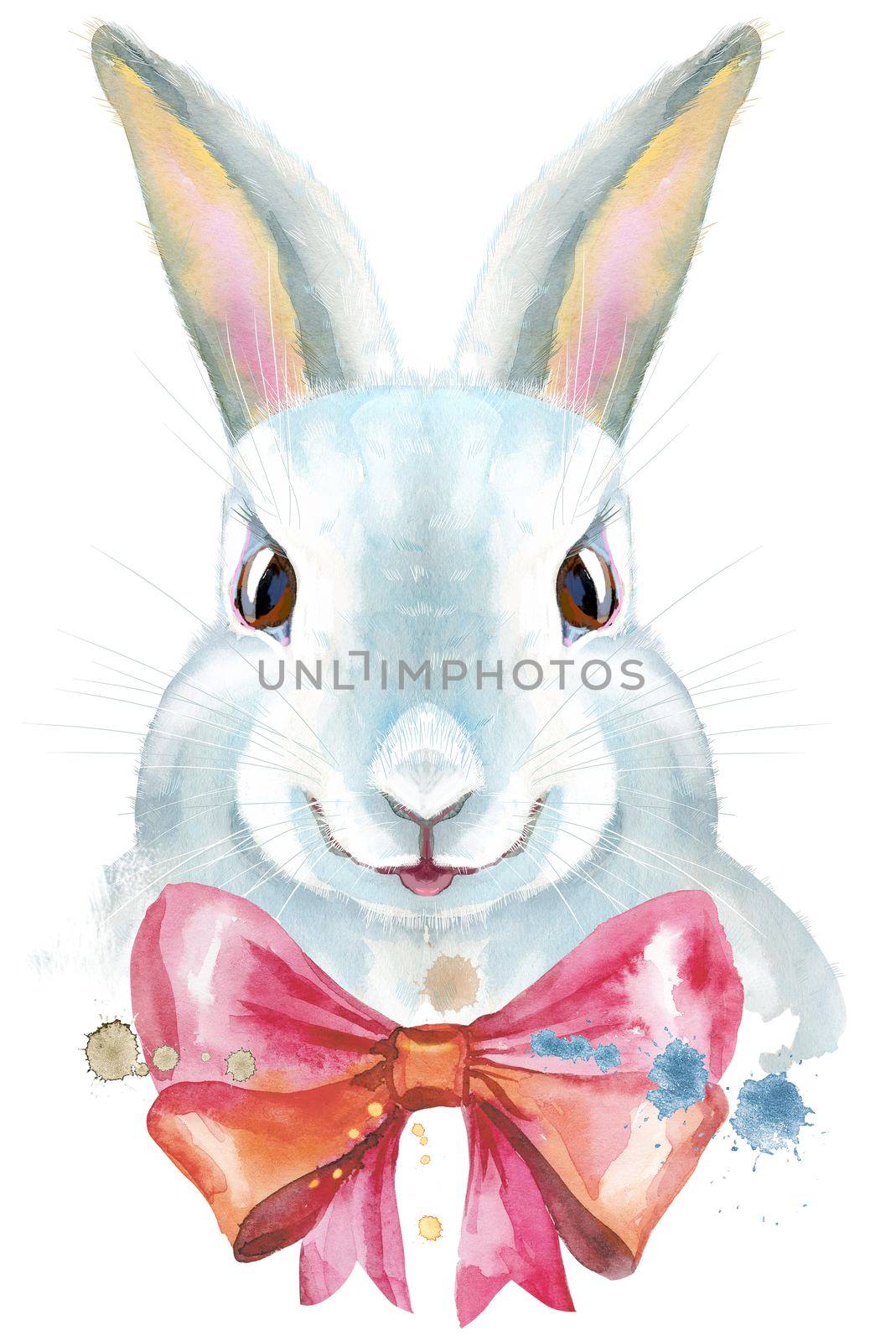 Cute white rabbit on white background with pink bow and splashes, isolated