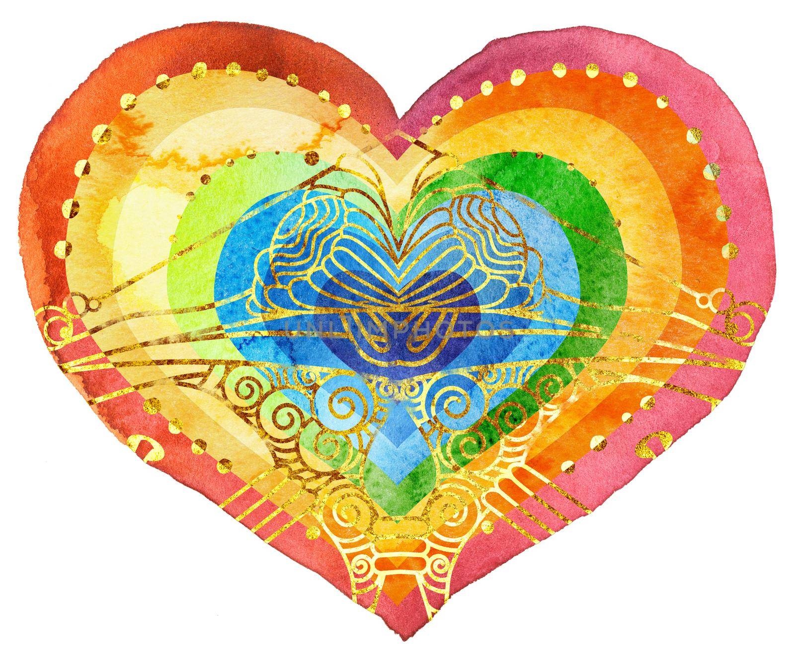 Rainbow heart with gold pattern in watercolor painting, on a white background