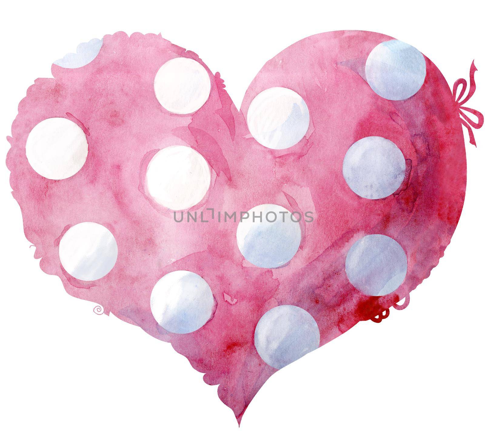 Watercolor pink heart with polka dots with a lace edge on a white background.