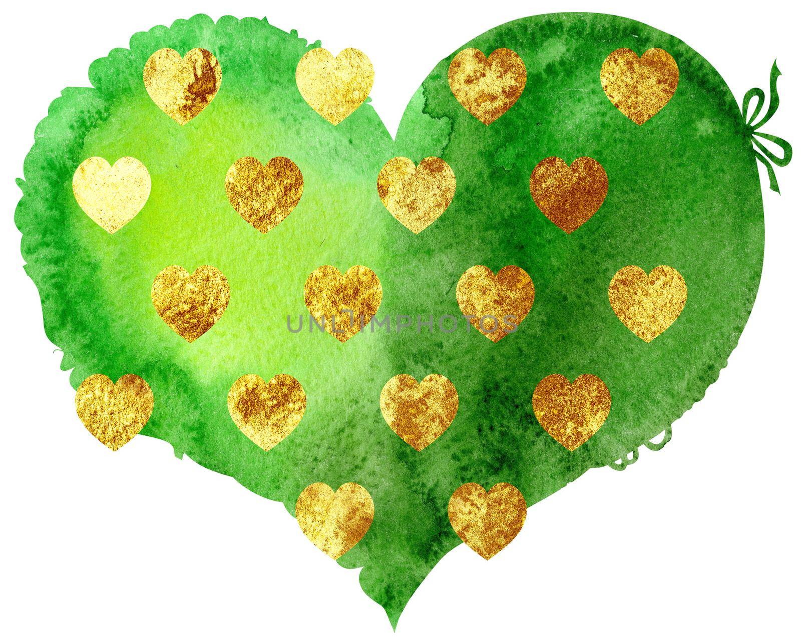 watercolor textured green heart with gold strokes by NataOmsk