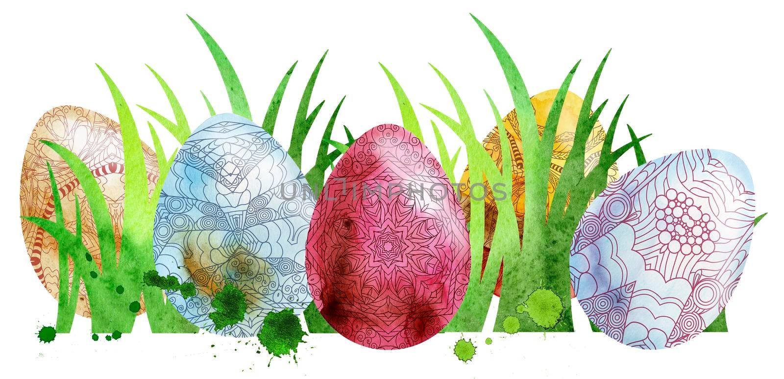 Watercolor Easter colored eggs and green grass on white background. Design element for greeting cards, note cards and invitations.