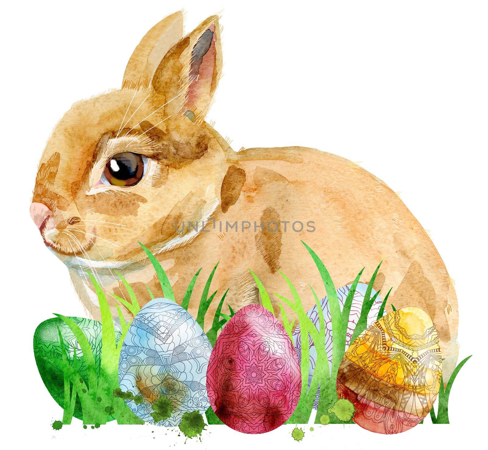 Cute beige rabbit on white background with eggs and grass, isolated