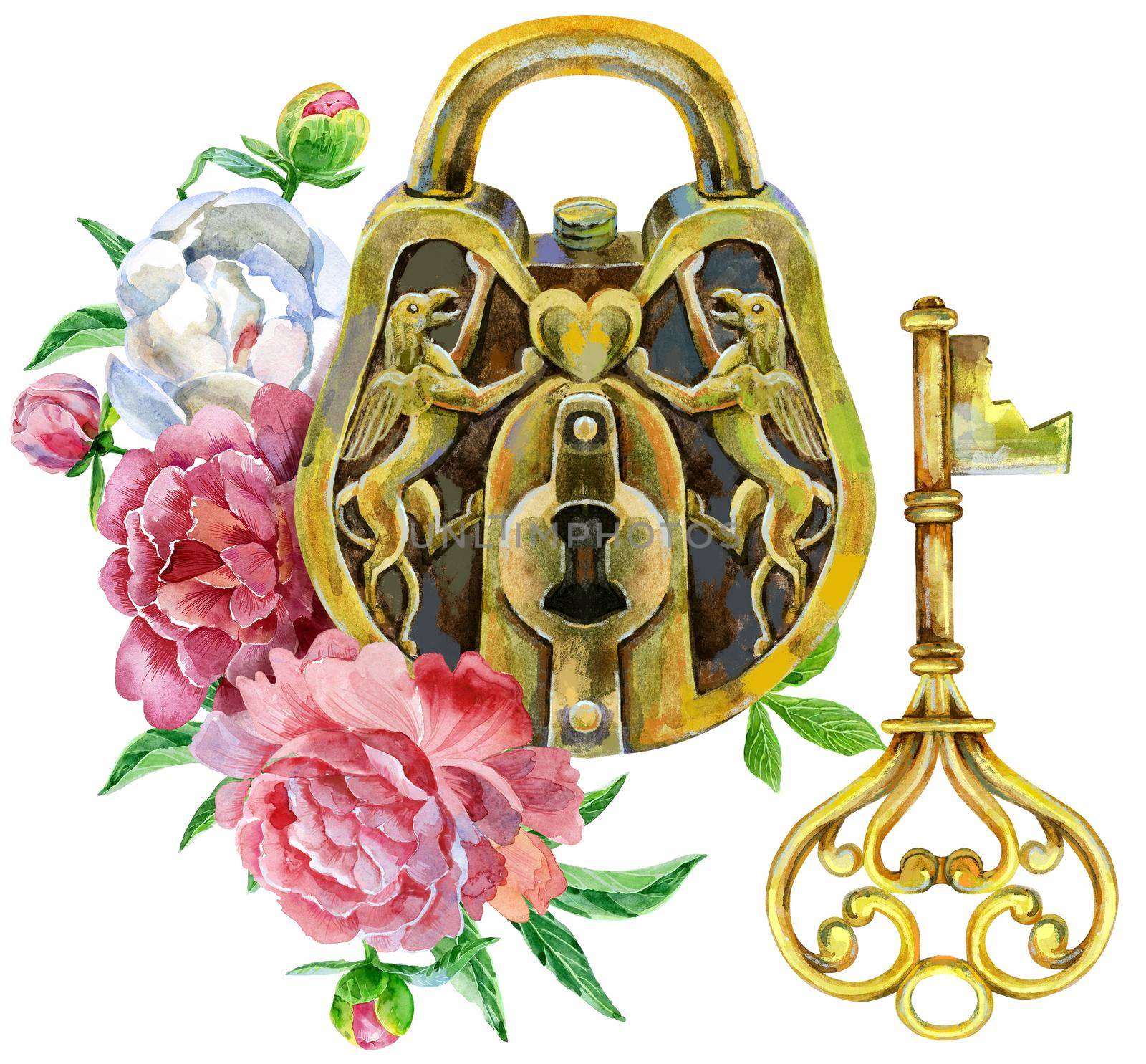 Watercolor vintage golden padlock with key and peonies isolated on white background by NataOmsk