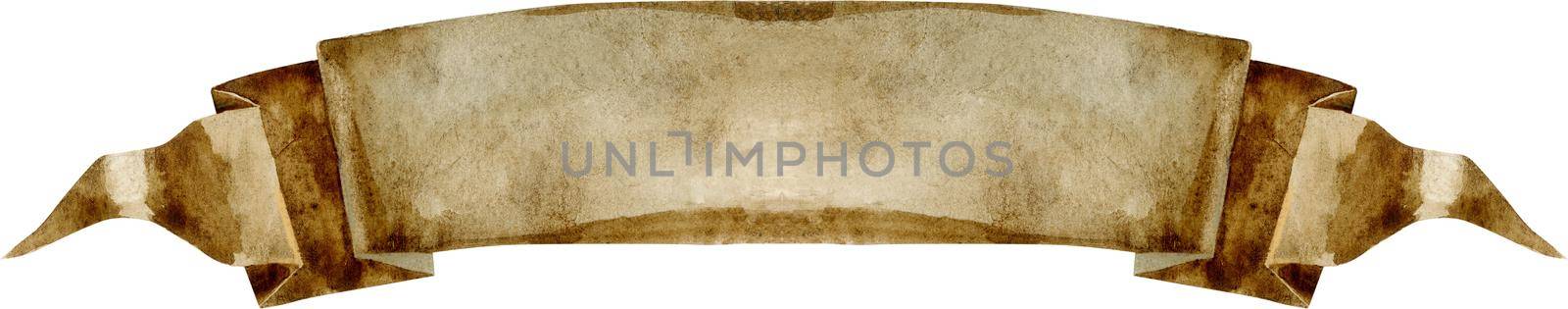 Watercolor vintage brown ribbon. Hand painted banners isolated on white background. by NataOmsk