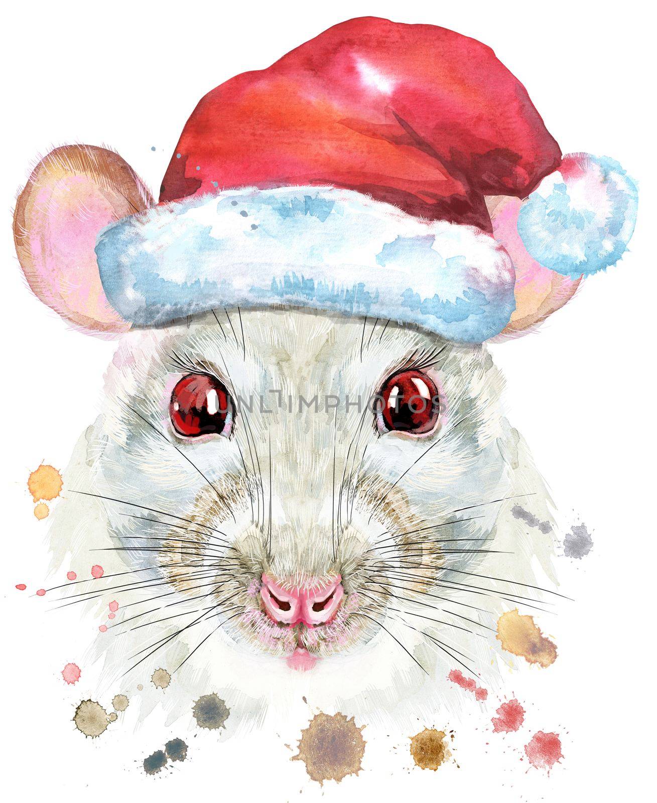 Cute white rat in Santa hat for t-shirt graphics. Watercolor rat illustration